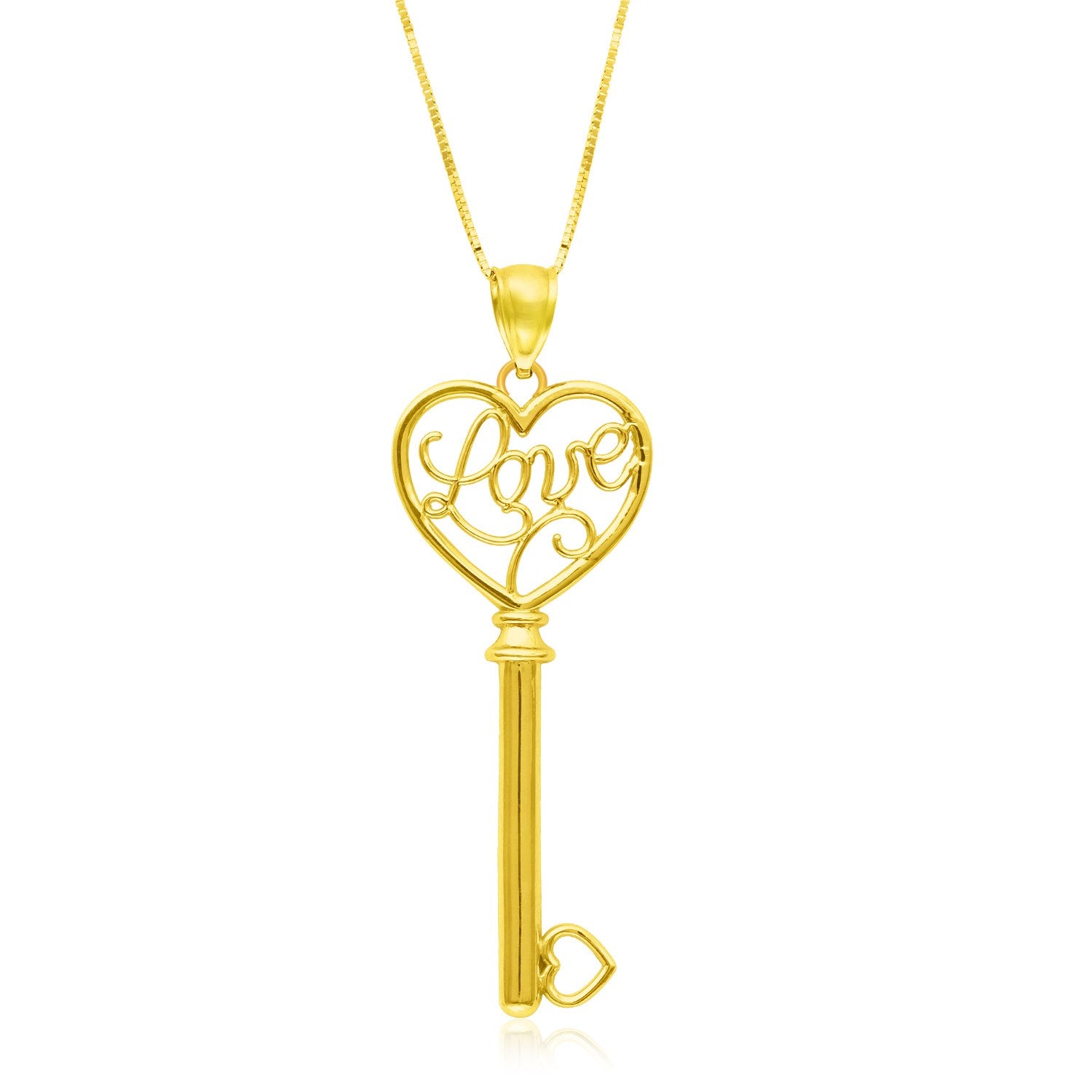 14k yellow gold skeleton key pendant with a heart-shaped "LOVE" design.