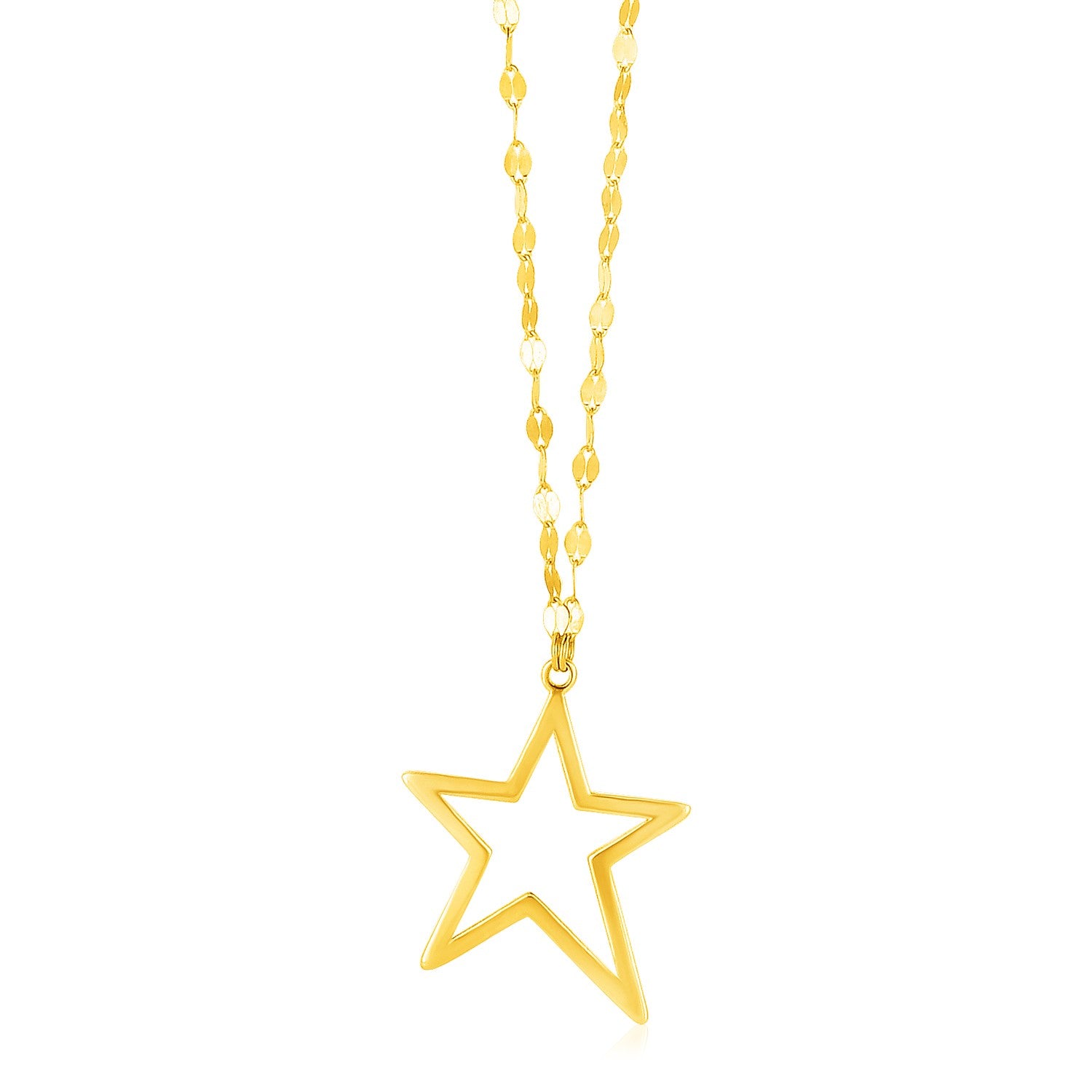 14k yellow gold necklace with an open star pendant on a delicate link chain.