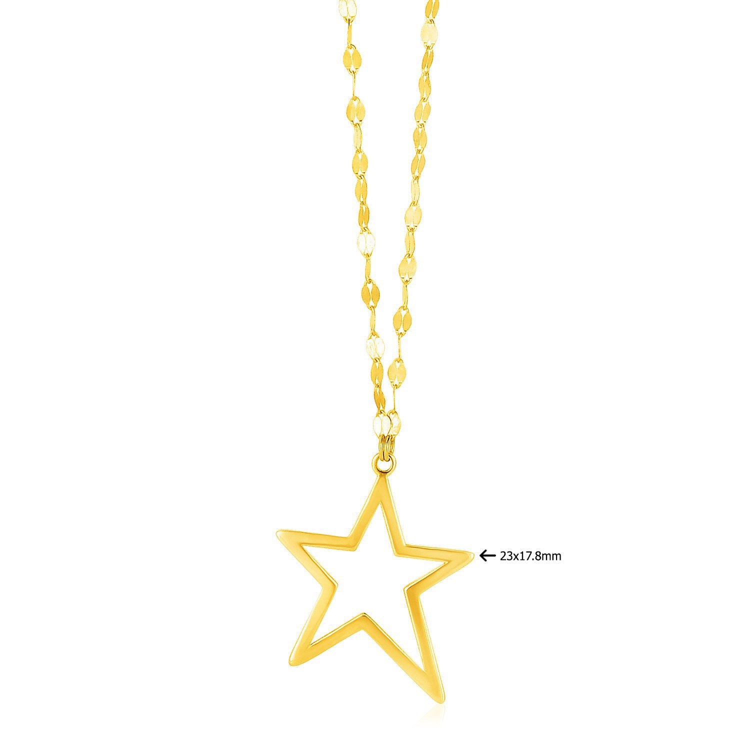 14k yellow gold necklace with an open star pendant, measuring 23x17.8mm.