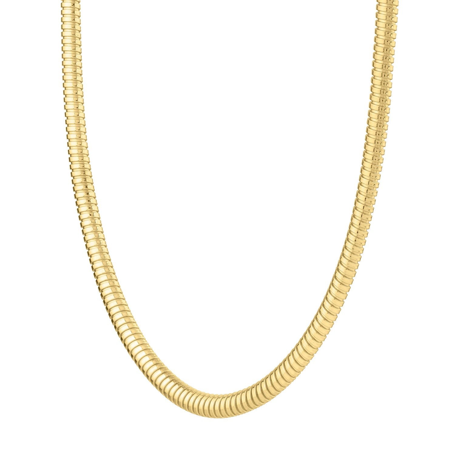 A 14K yellow gold tubogas necklace with a 5.00 mm width.
