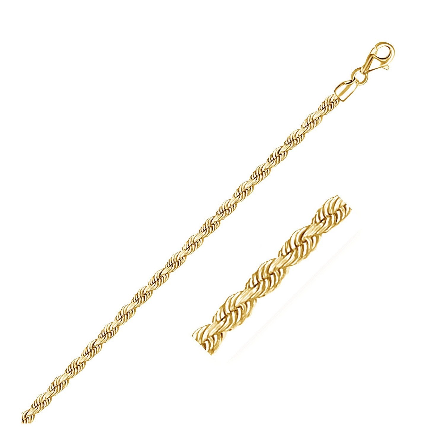 10k yellow gold solid diamond cut rope bracelet with a lobster clasp.