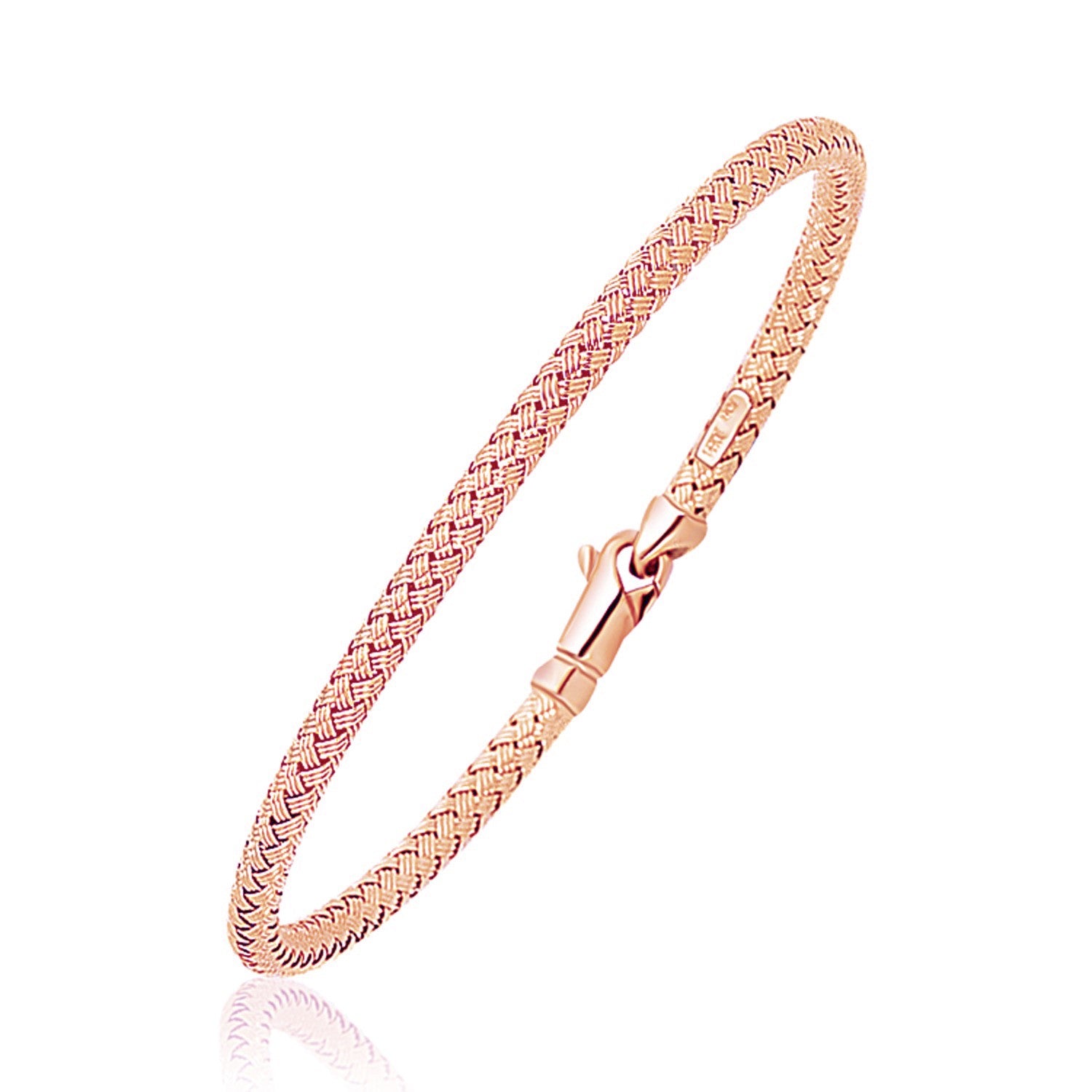 14k rose gold fancy weave motif bangle with a lobster clasp.