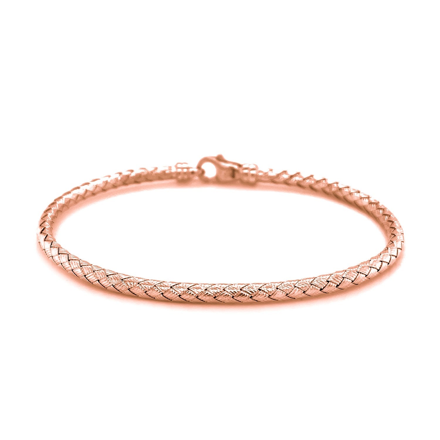 14k rose gold fancy weave motif bangle with a lobster clasp.