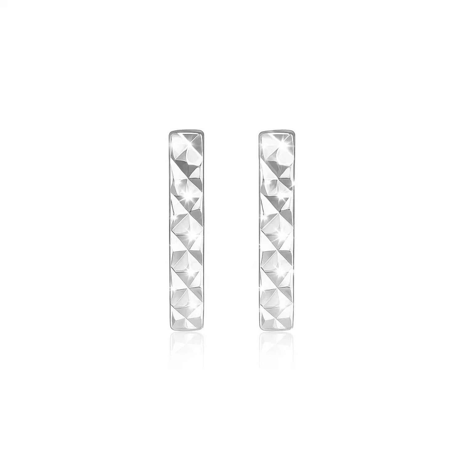 14k white gold textured bar earrings with a reflective finish.