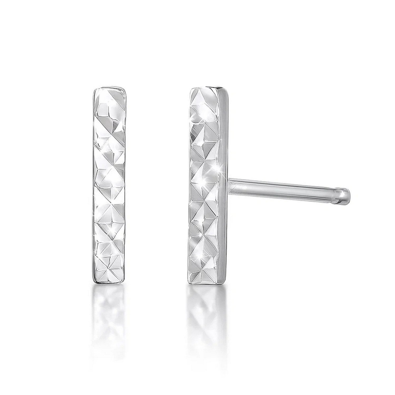 Two textured 14k white gold bar earrings with posts are shown on a white background.