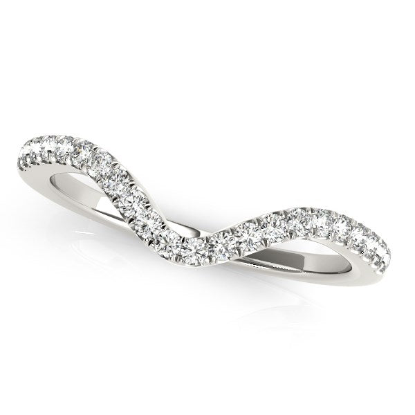 14k white gold wavy diamond wedding ring with 22 round diamonds.
