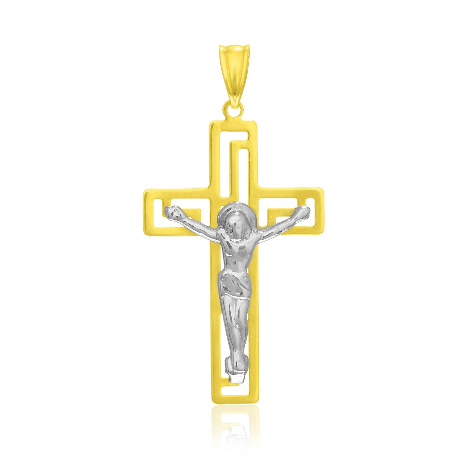 A two-tone 14k gold crucifix pendant with a white gold figure on a yellow gold cross.