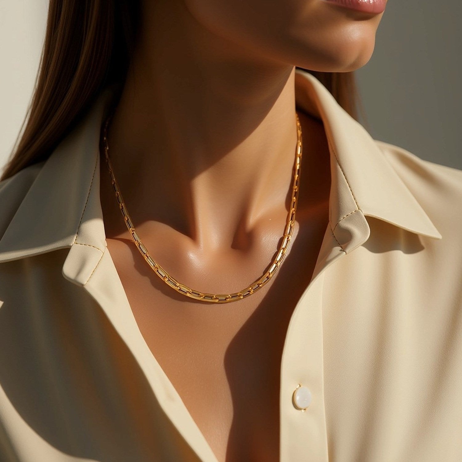 14k yellow gold paperclip chain necklace on a person wearing a cream-colored shirt.