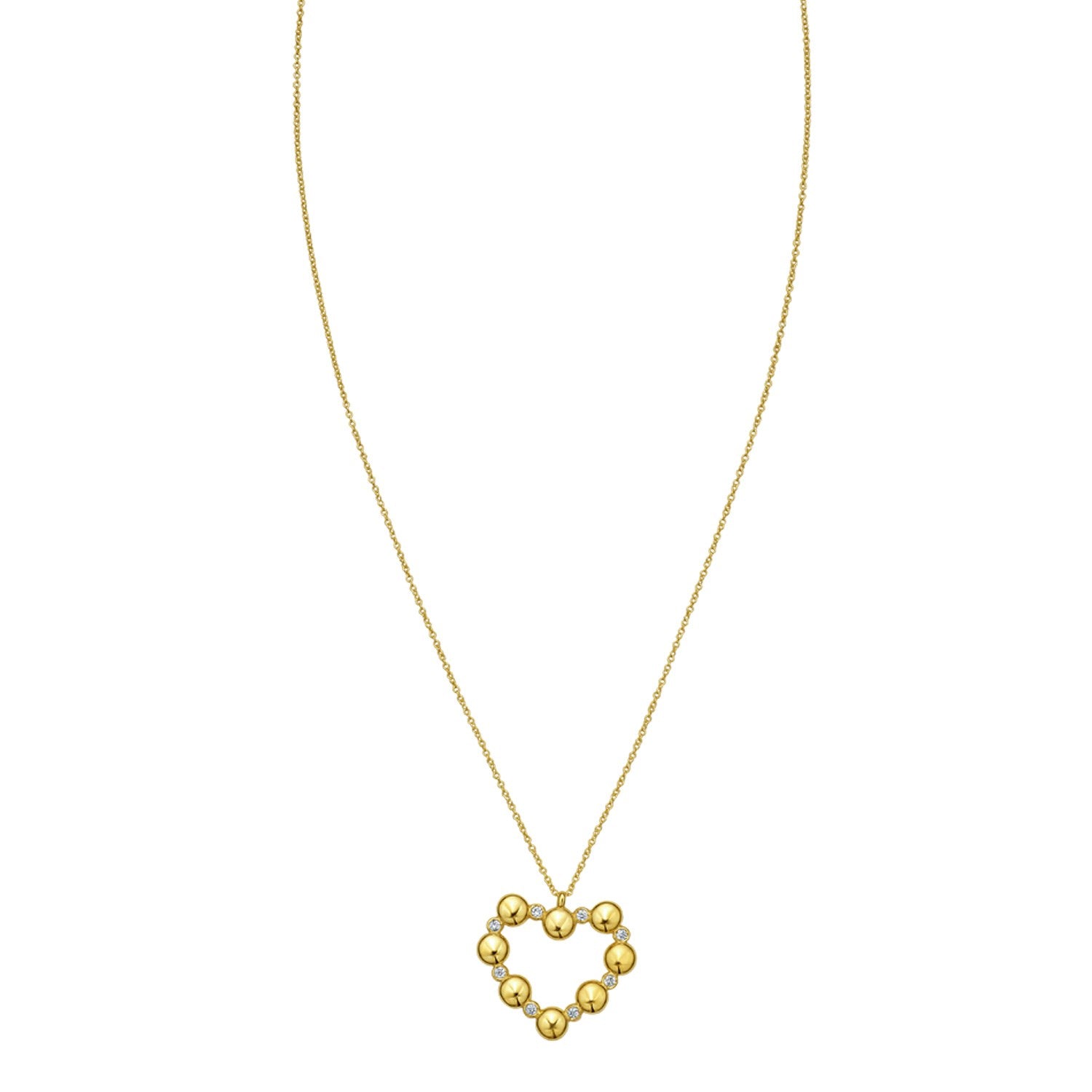 A yellow gold chain necklace with a heart-shaped pendant made of gold beads and diamonds.