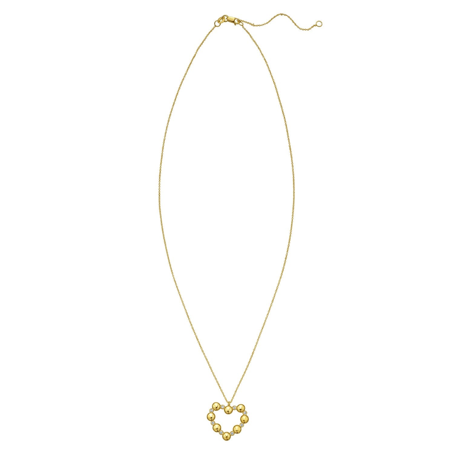 14K yellow gold cable chain necklace with a heart-shaped pendant made of small beads.