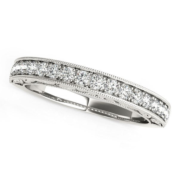 14k white gold antique prong set diamond wedding ring with milgrain borders.