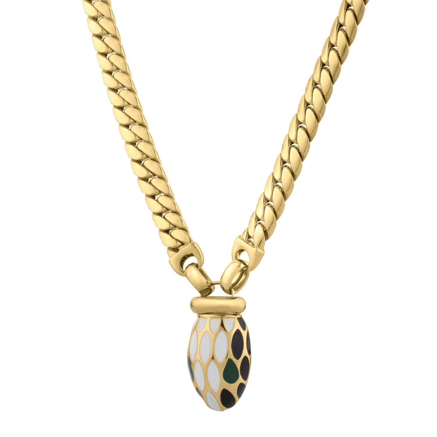 A 14K yellow gold curb link necklace with a black, white, and green enamel drop.