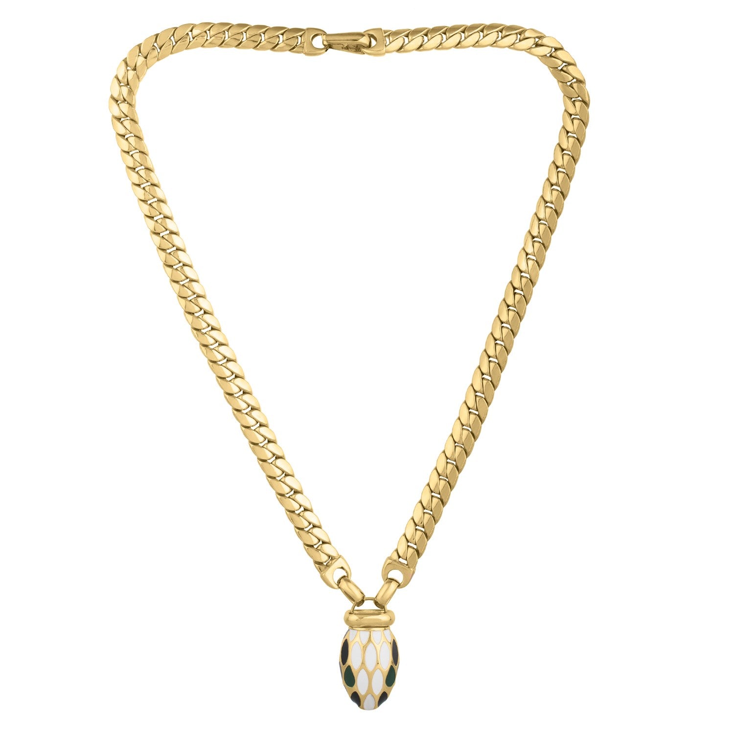 A 14K yellow gold curb link necklace with a green and black enamel drop.