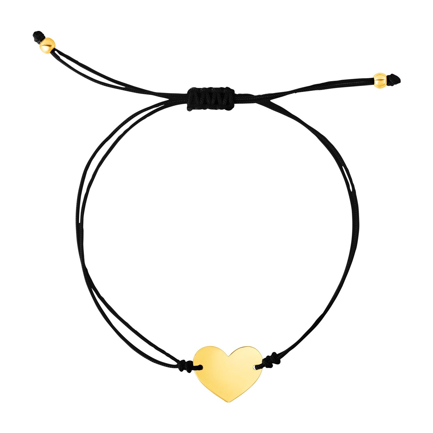 Black cord adjustable bracelet with a 14k yellow gold heart charm.