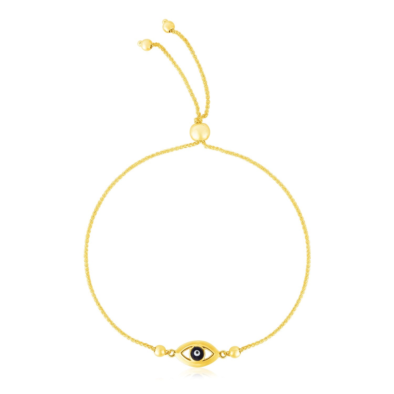 14k yellow gold adjustable evil eye bracelet with a black and white enamel eye.