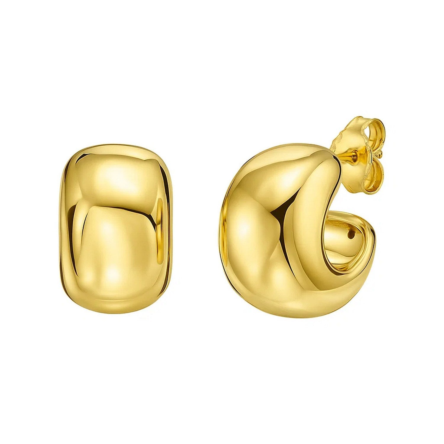 14K yellow gold polished C-hoop huggie earrings with a push-back closure.