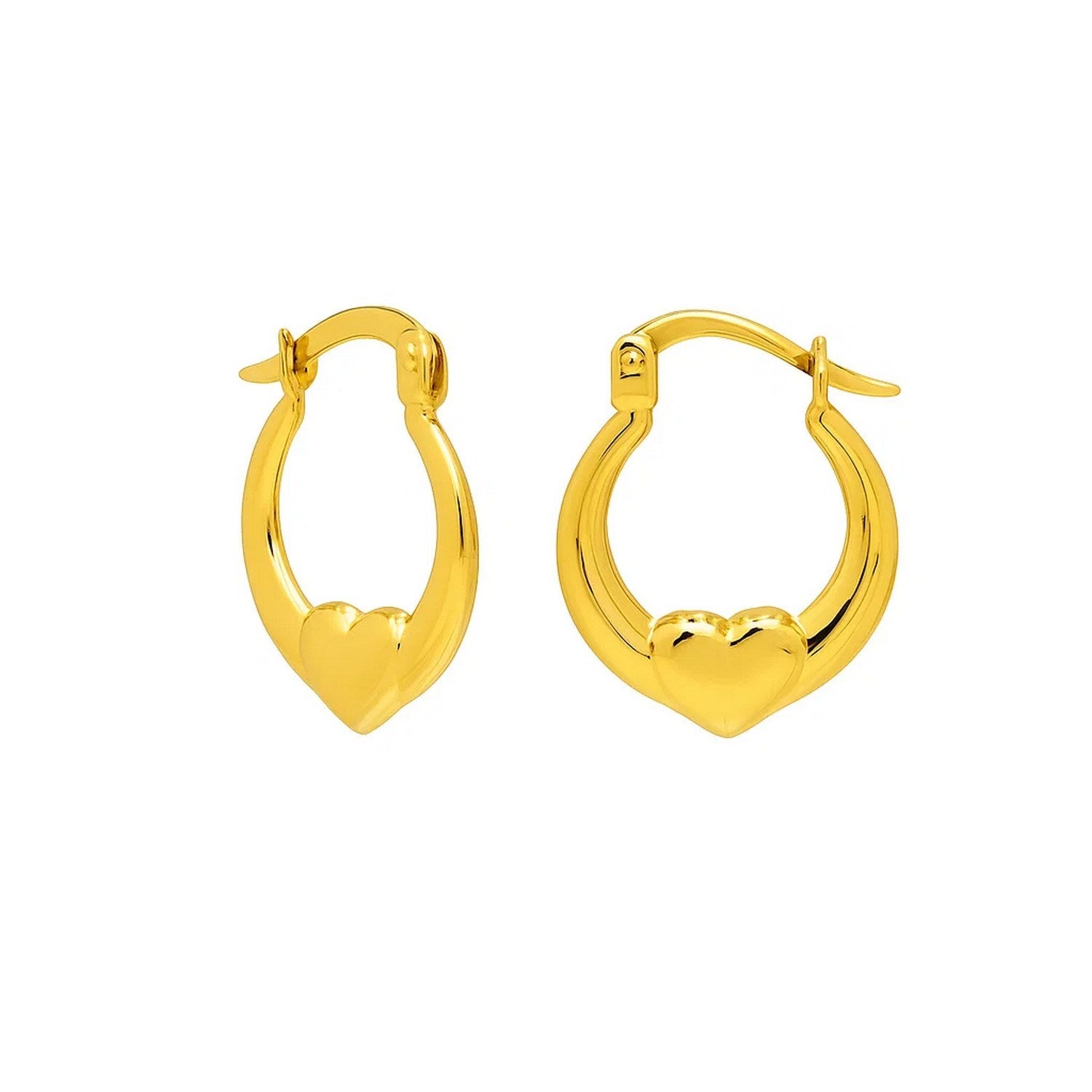 Small heart hoop earrings in 14K yellow gold with a hinged snap back.