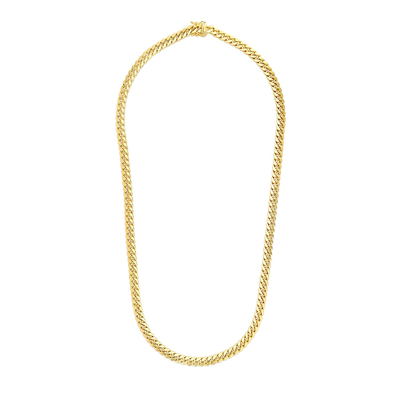 A 14k yellow gold semi-solid Miami Cuban chain with a box clasp.