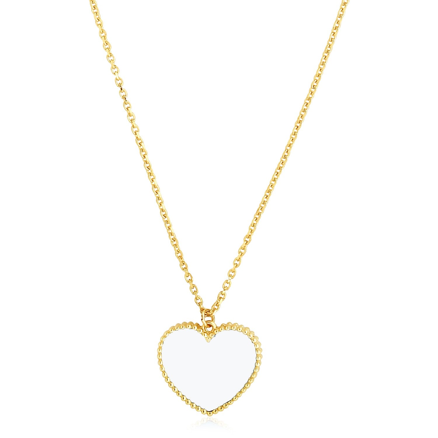 14k yellow gold necklace with a high polish heart pendant and pearl paste.