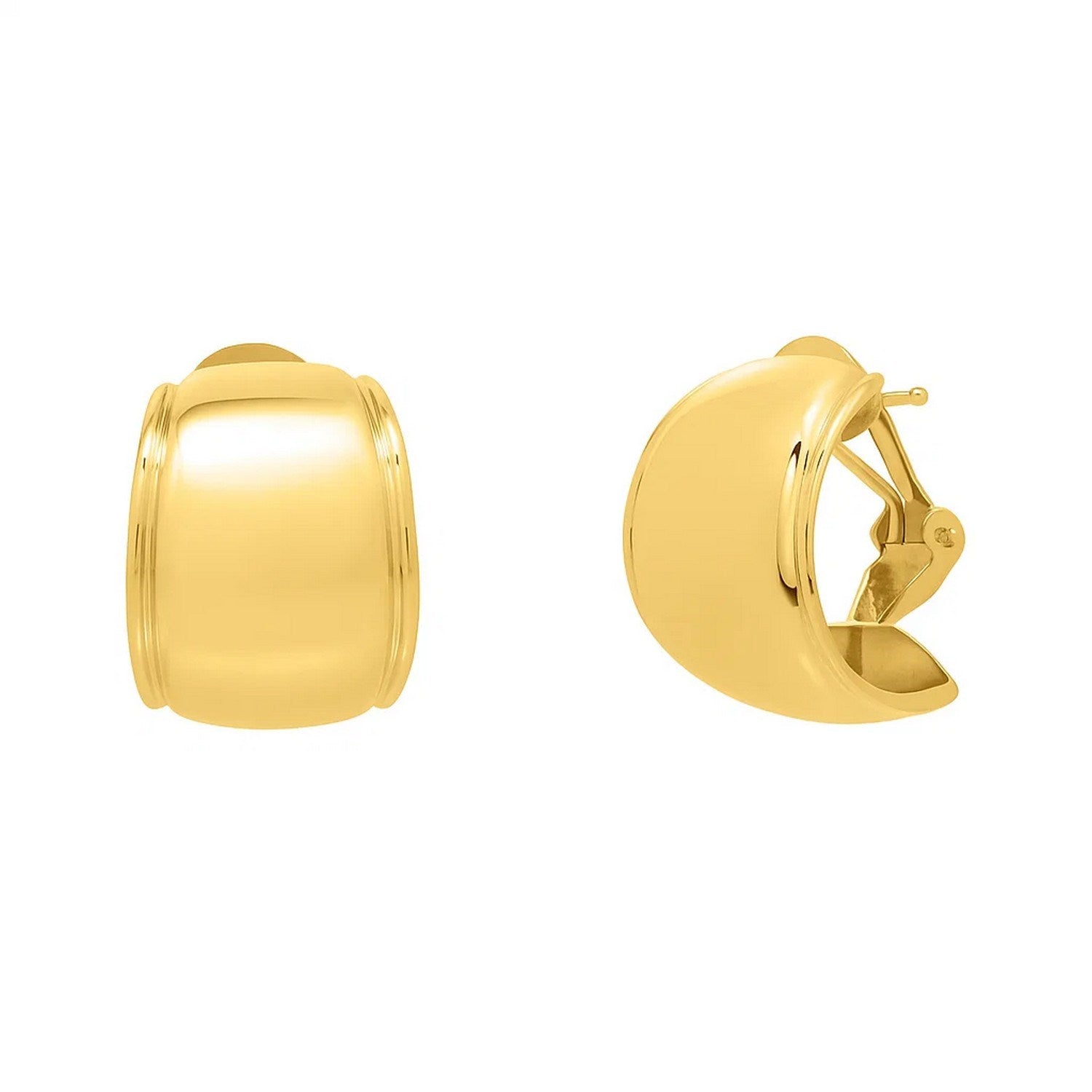 Two 14K yellow gold omega mixed media hoop earrings with a satin matte finish.
