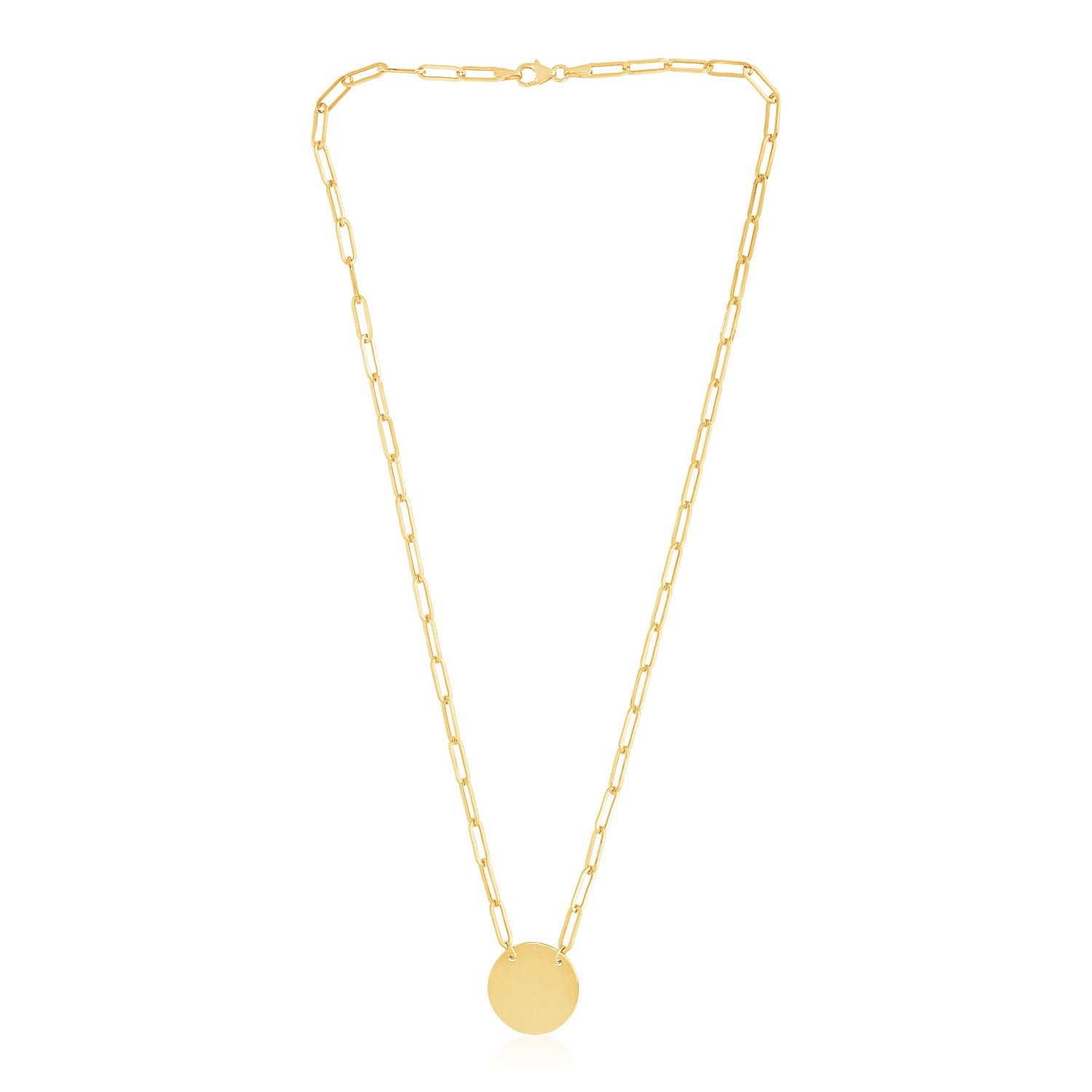 14k yellow gold paperclip link necklace with a high polish circle disc.