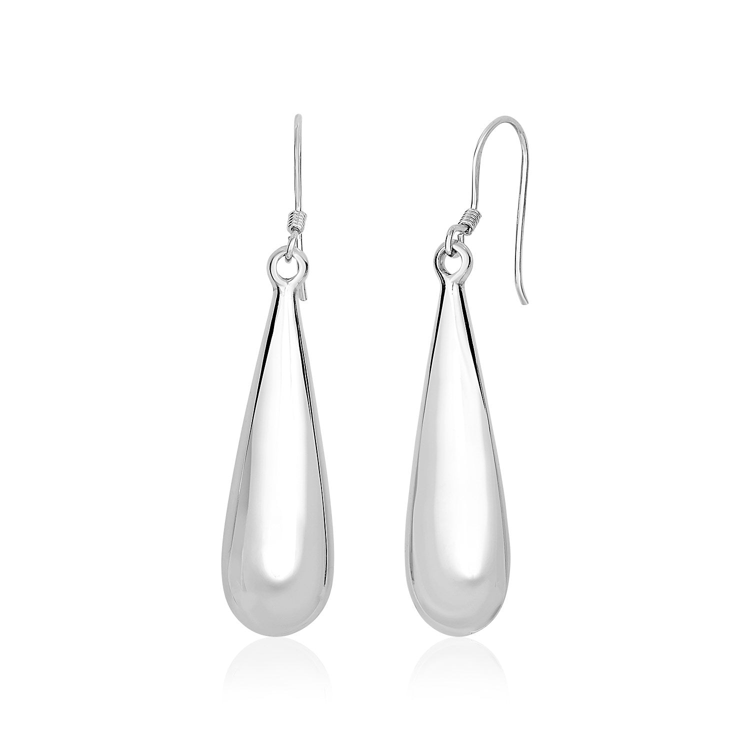 Sterling silver long polished puffed teardrop dangle earrings with French hook clasps.