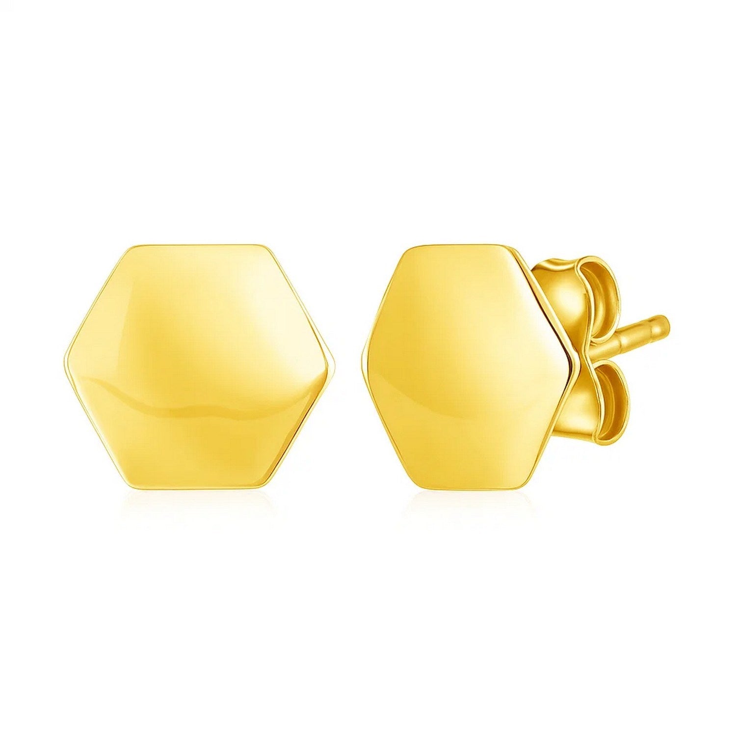 14k yellow gold hexagon stud earrings with a polished finish and pushback clasps.