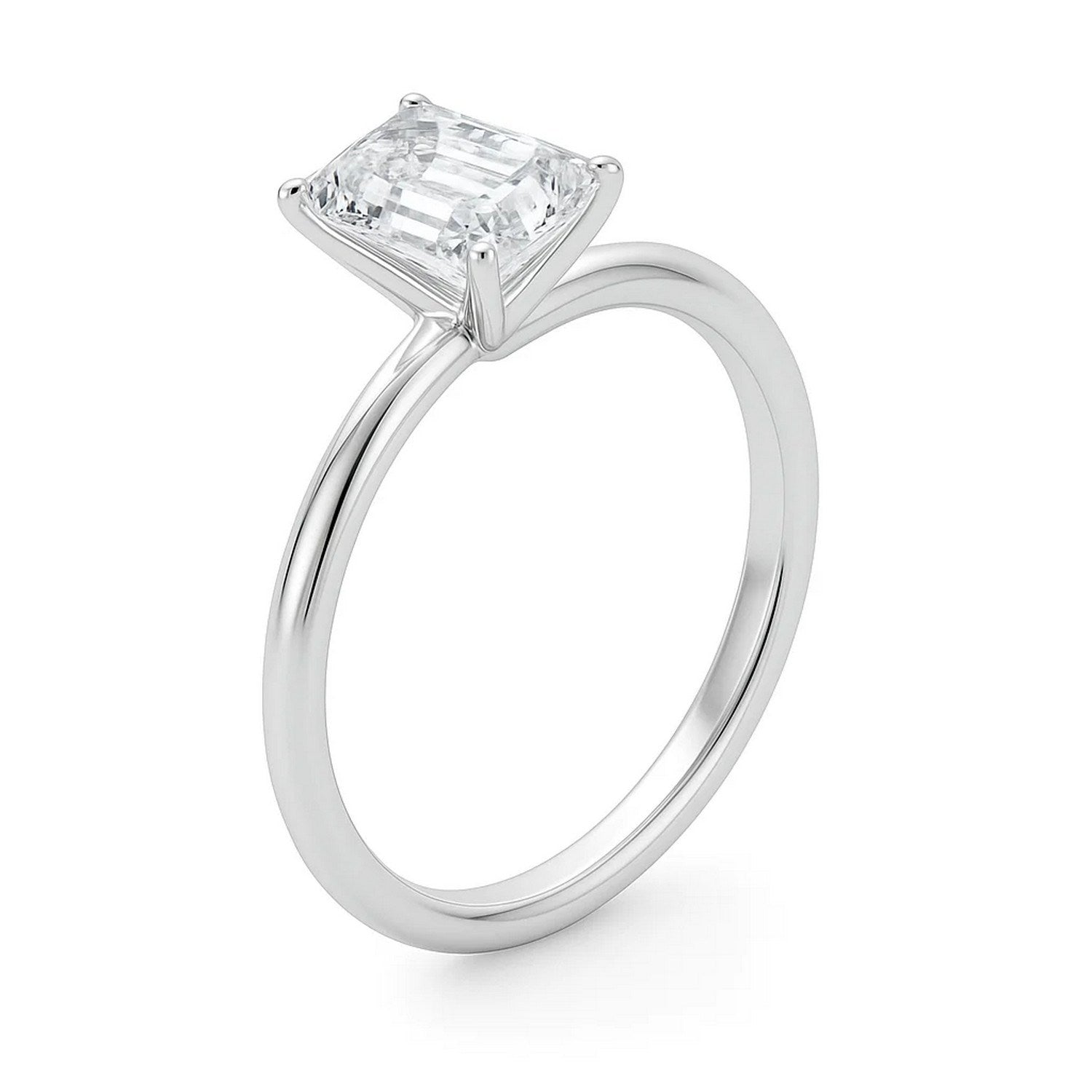 A 14K white gold solitaire ring with an emerald-cut lab-grown diamond.