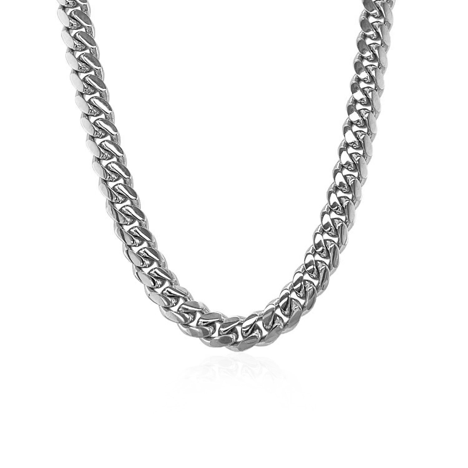 A 14k white gold classic Miami Cuban solid chain, 5.00 mm wide.