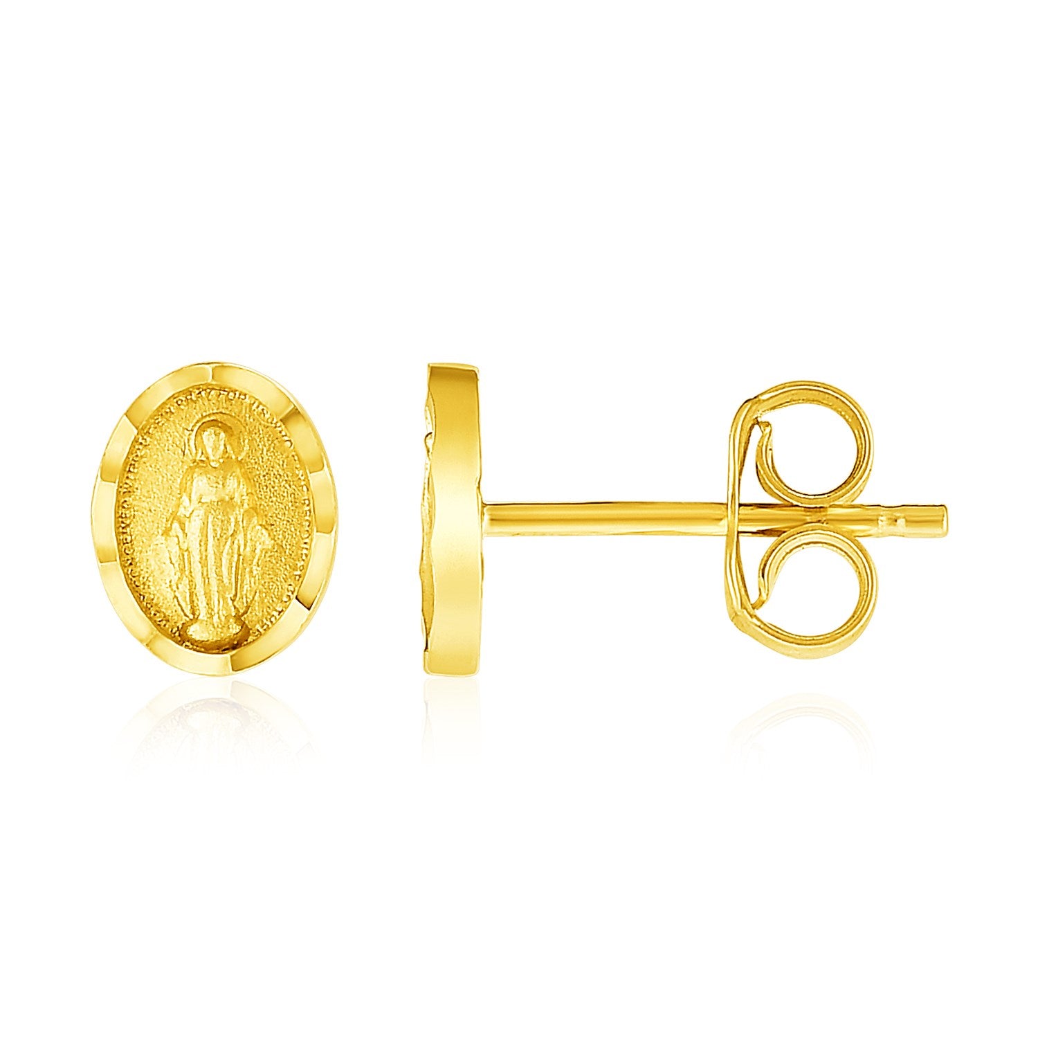 14k yellow gold oval religious medallion post earrings with pushback clasps.