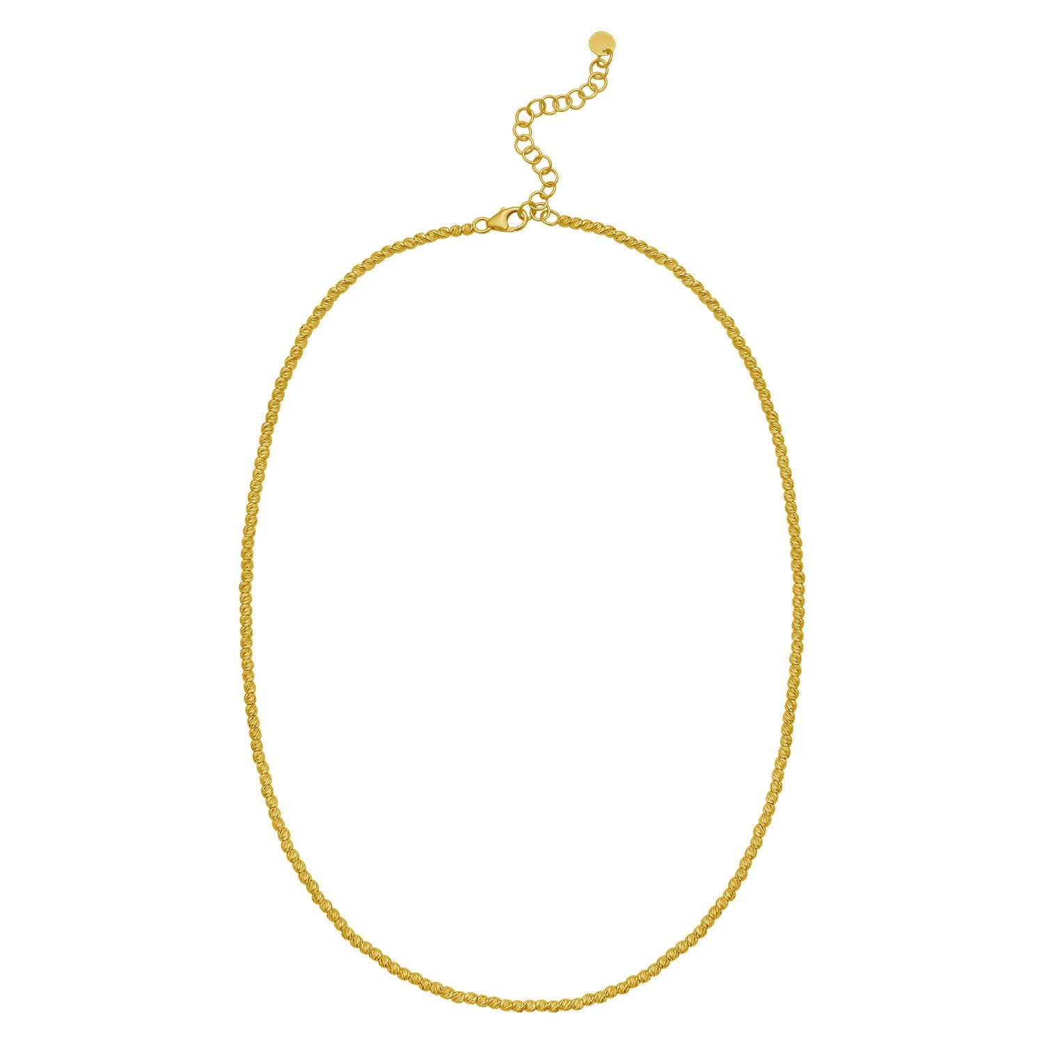14K yellow gold bead chain necklace with a lobster clasp and extender.