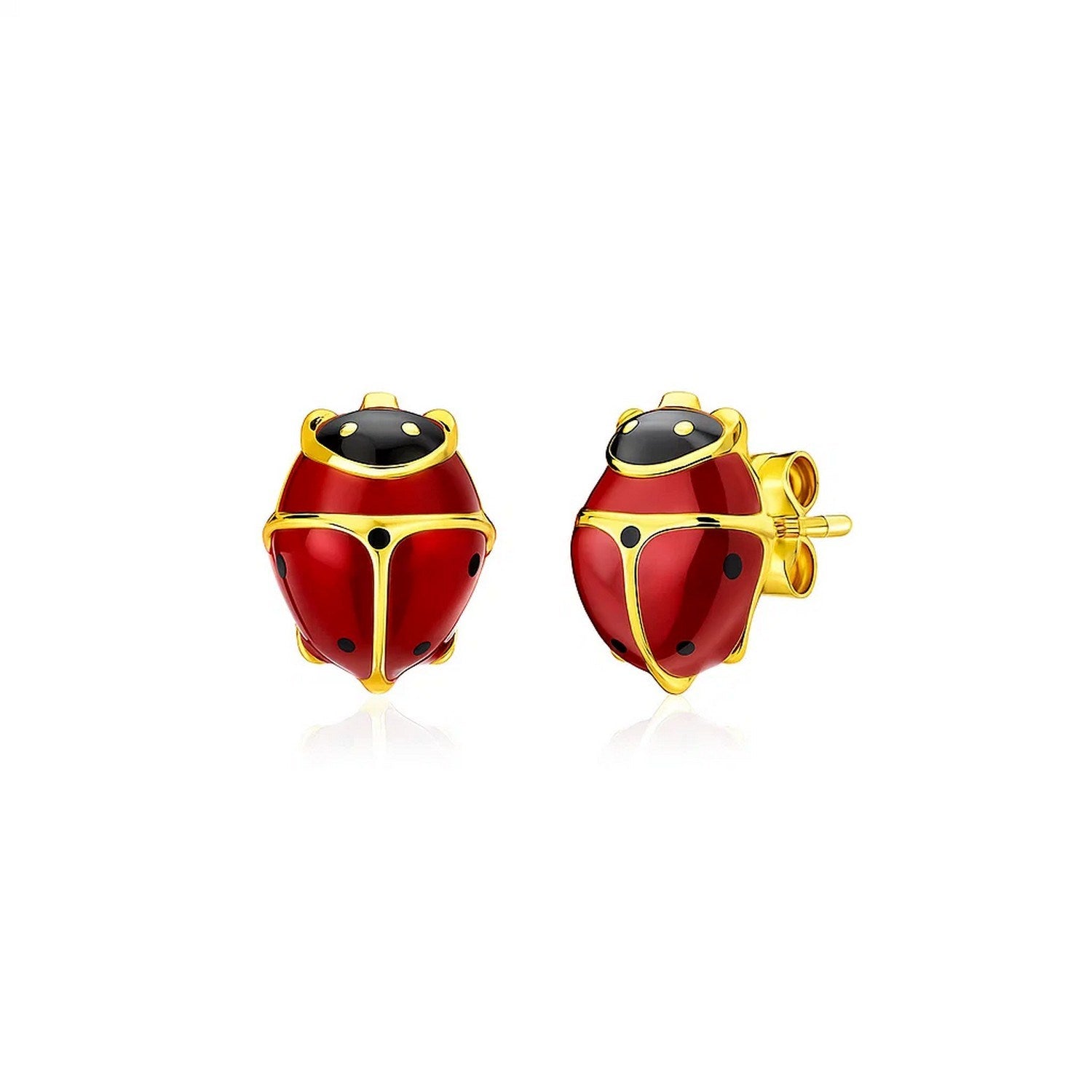 14K yellow gold ladybug stud earrings with red enamel and black spots.