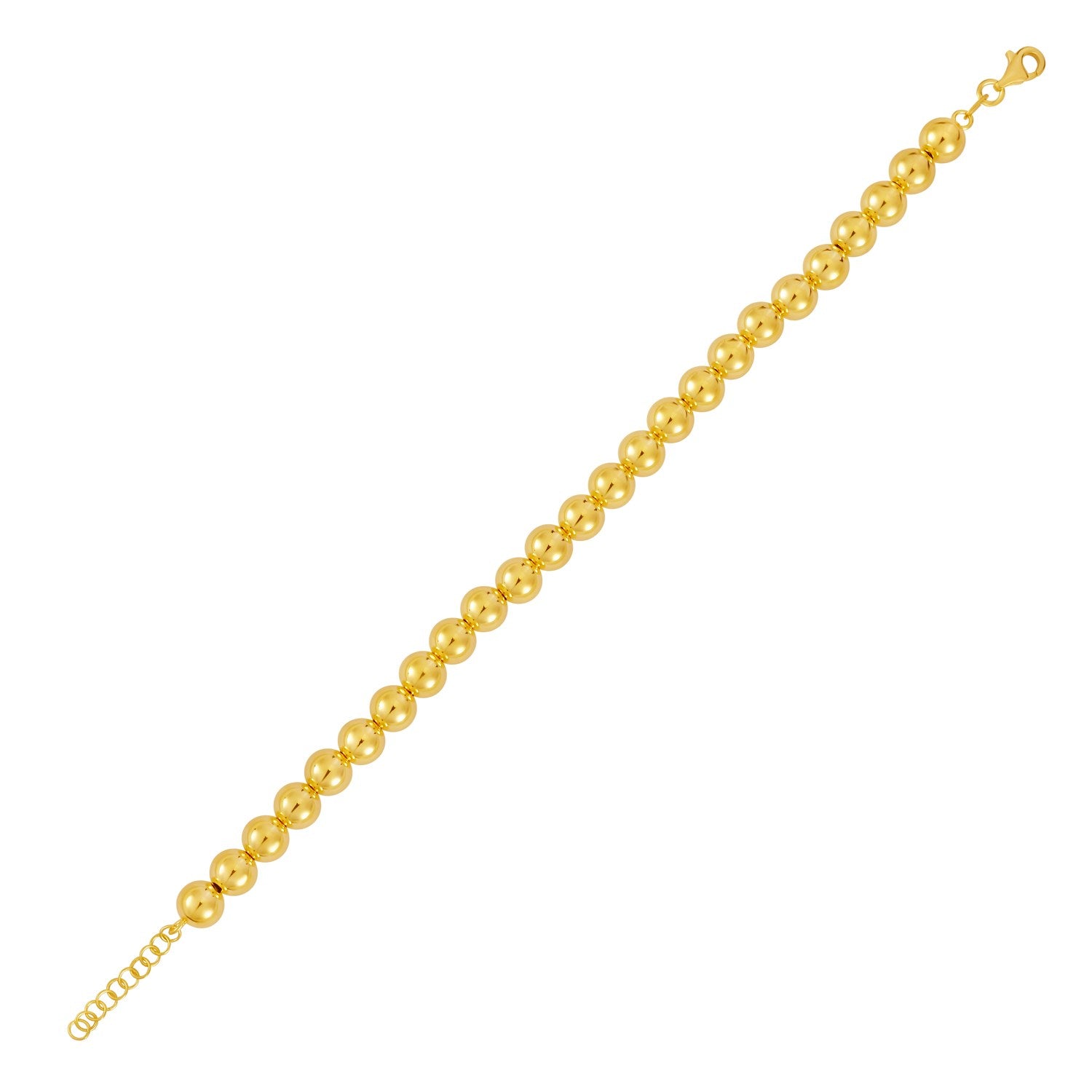 Polished 7mm bead bracelet in 14K yellow gold with a lobster clasp.