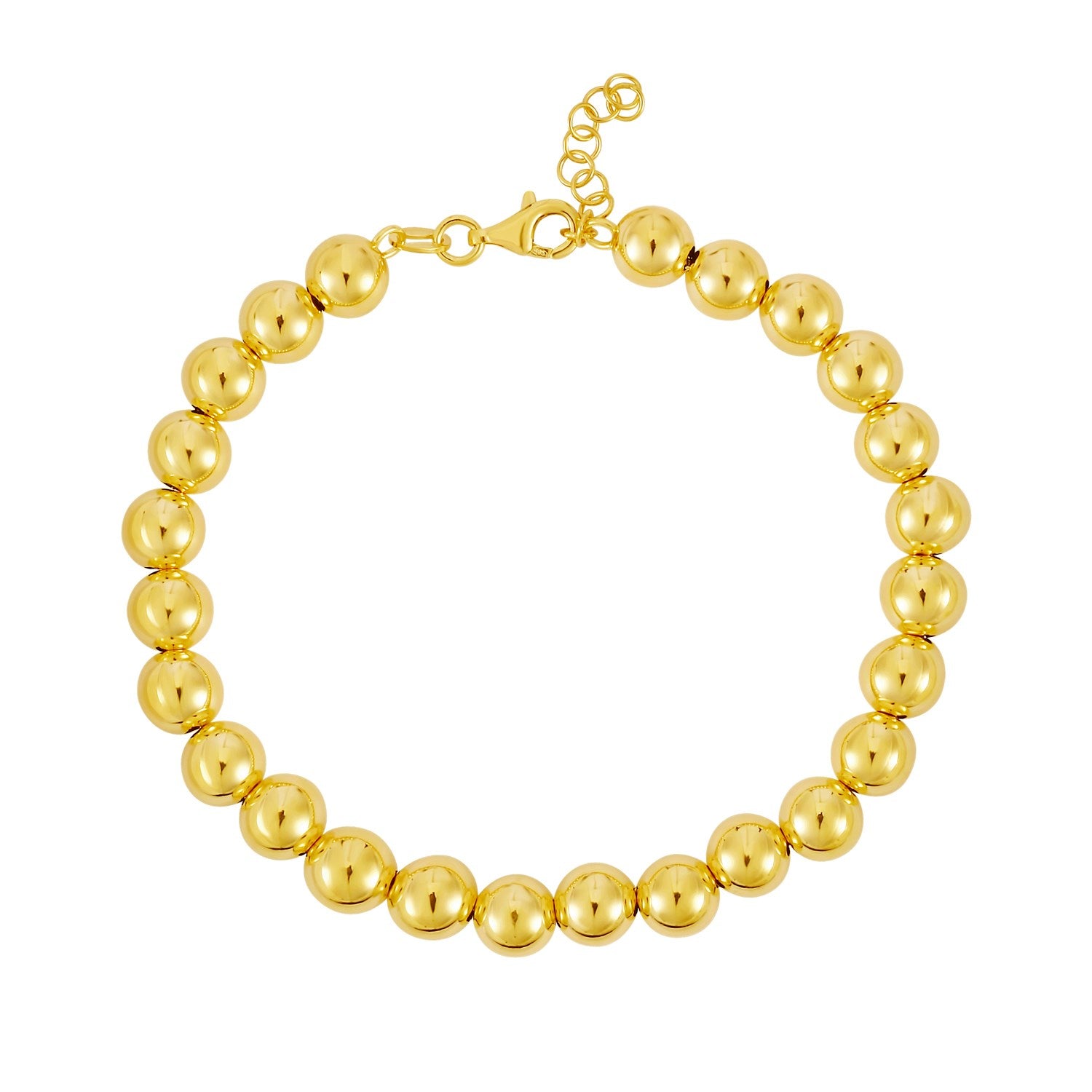Polished 7mm bead bracelet in 14K yellow gold with a lobster clasp and extender.