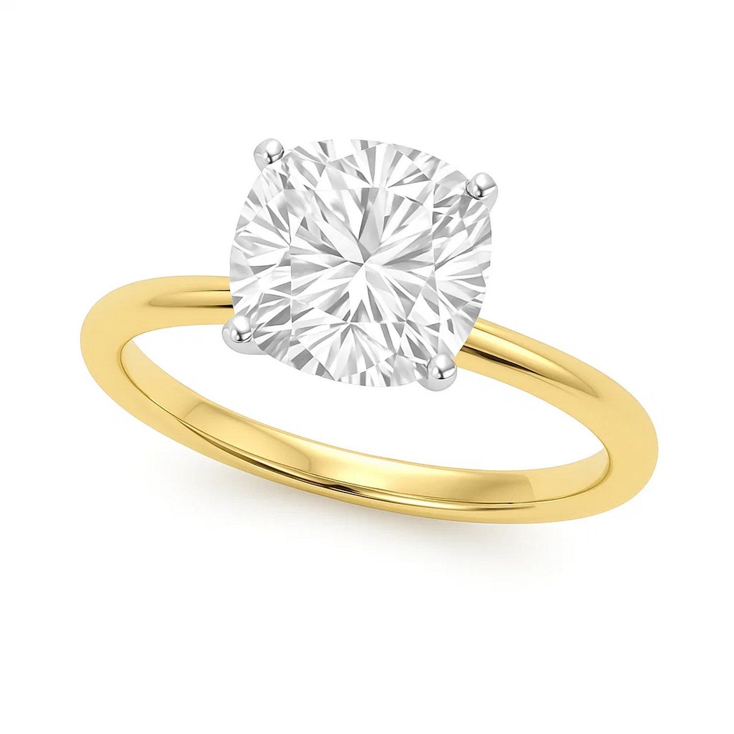 A 14K yellow gold solitaire ring with a cushion-cut lab-grown diamond.