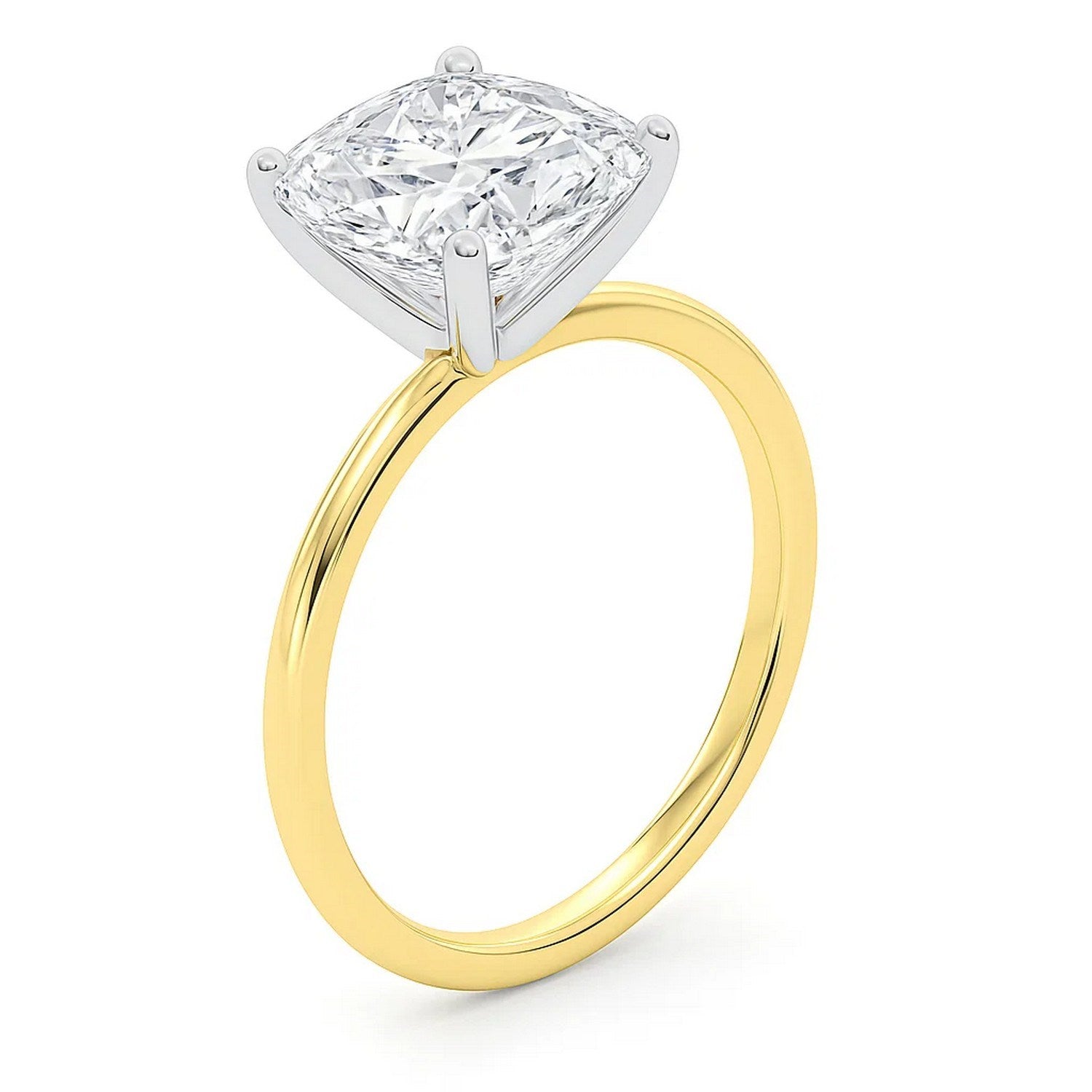 A 5 carat cushion lab grown diamond solitaire ring in 14K yellow gold.