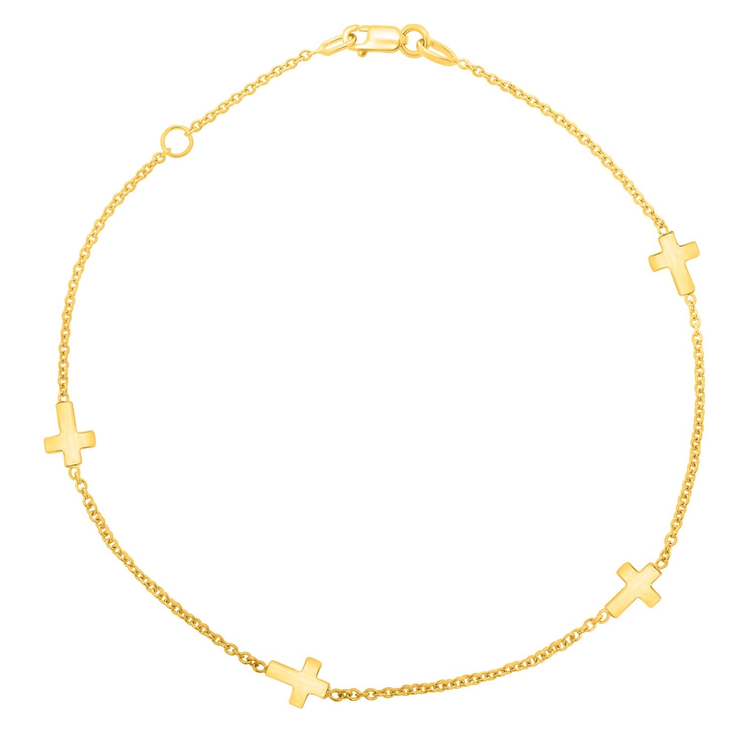 A 14K yellow gold anklet with five small crosses spaced along a delicate chain.