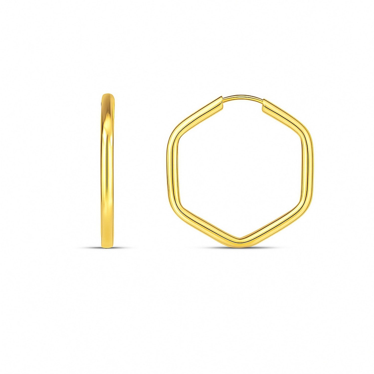 14k yellow gold endless hexagon hoop earrings with a high polish finish.