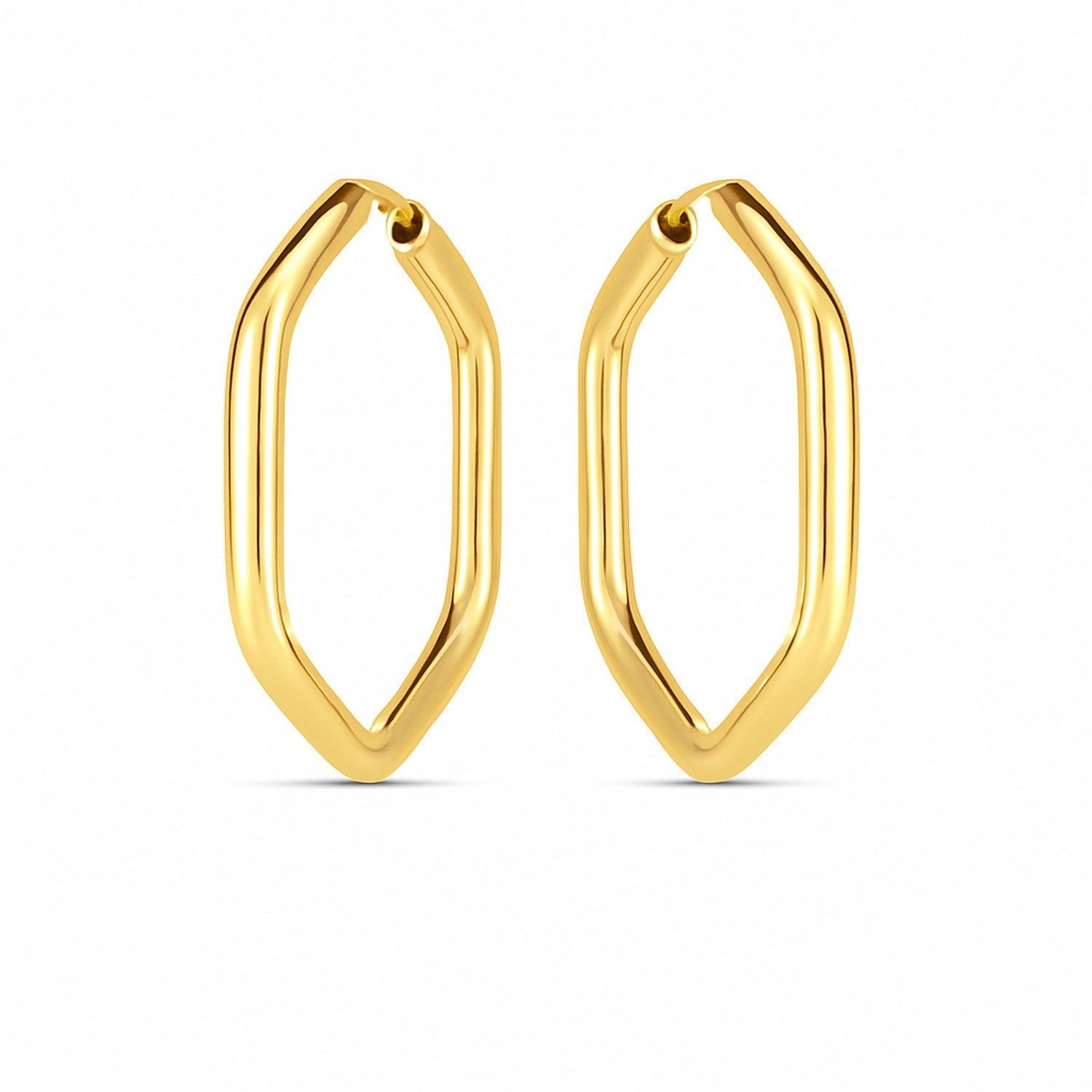 14k yellow gold endless hexagon hoop earrings with a high polish finish.