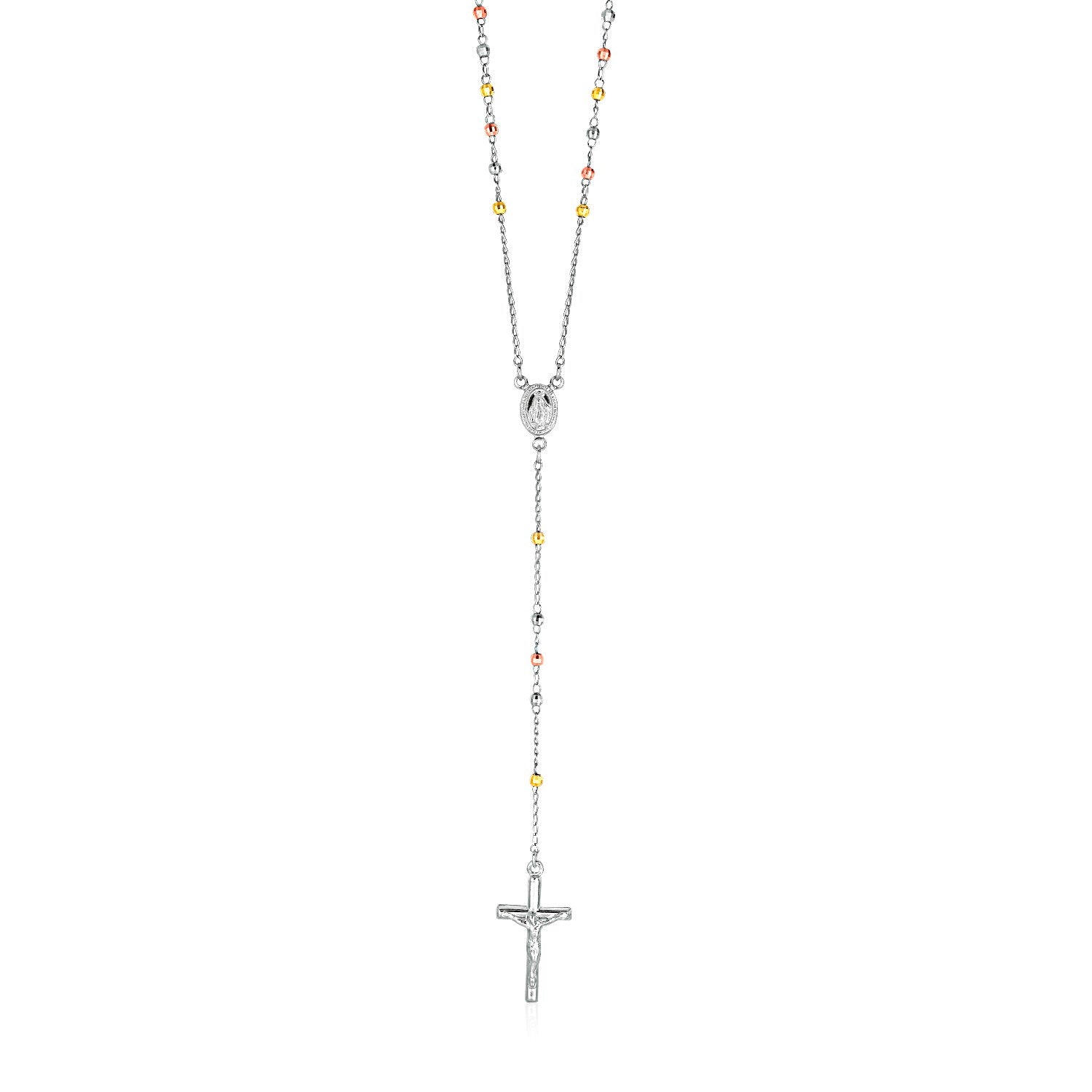 Three-toned rosary chain and bead necklace in sterling silver.
