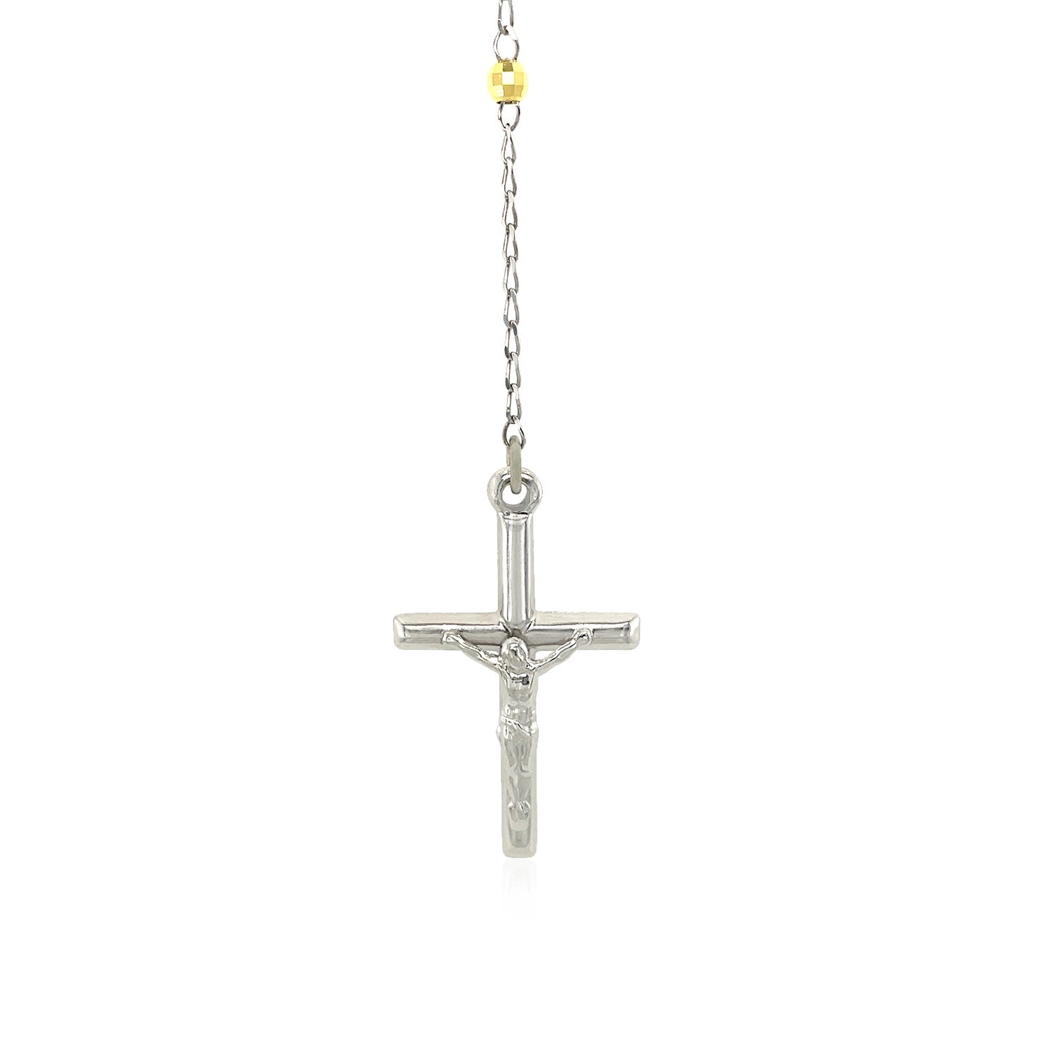 Three-toned sterling silver rosary chain and bead necklace with a crucifix pendant.