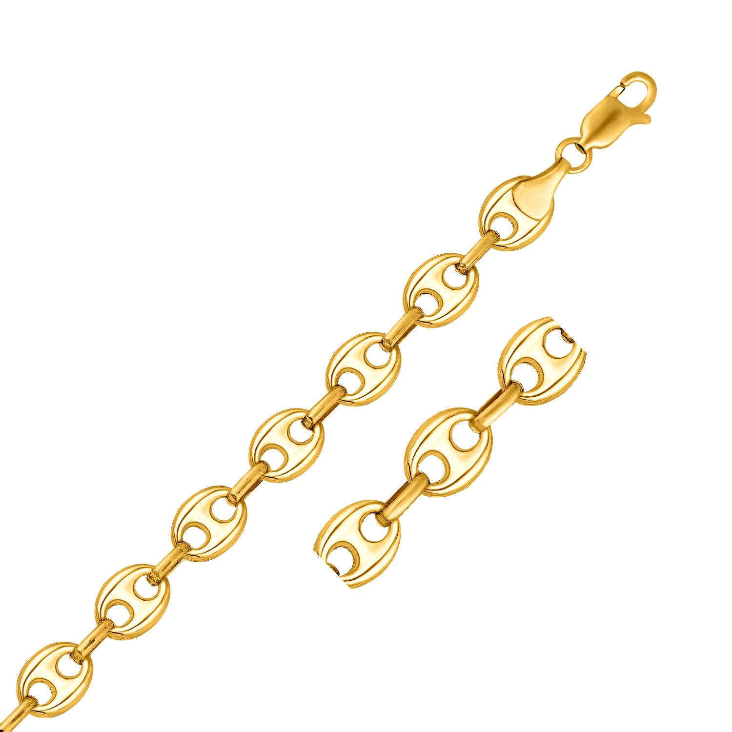 14k yellow gold puffed mariner link chain with a lobster clasp.