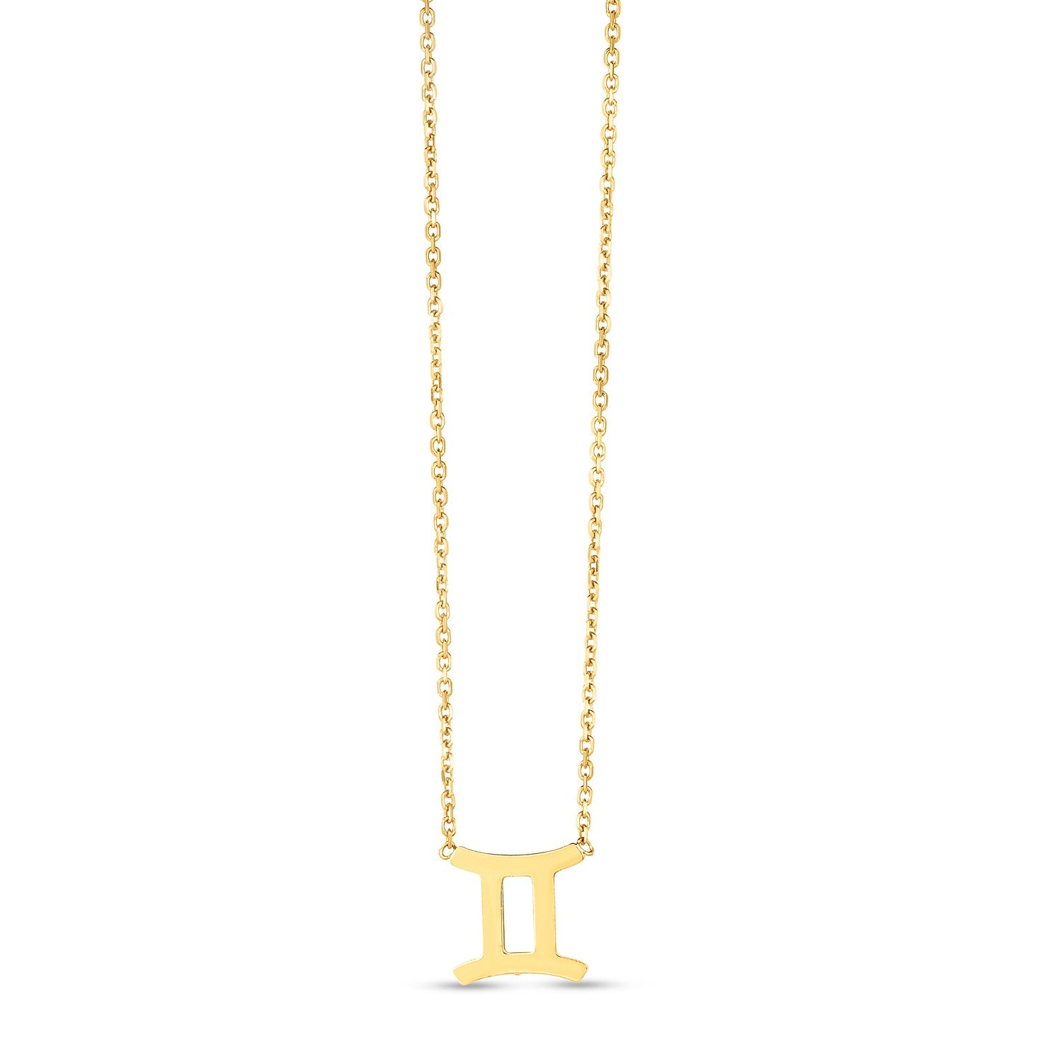 14K yellow gold Gemini necklace with a high polish finish.