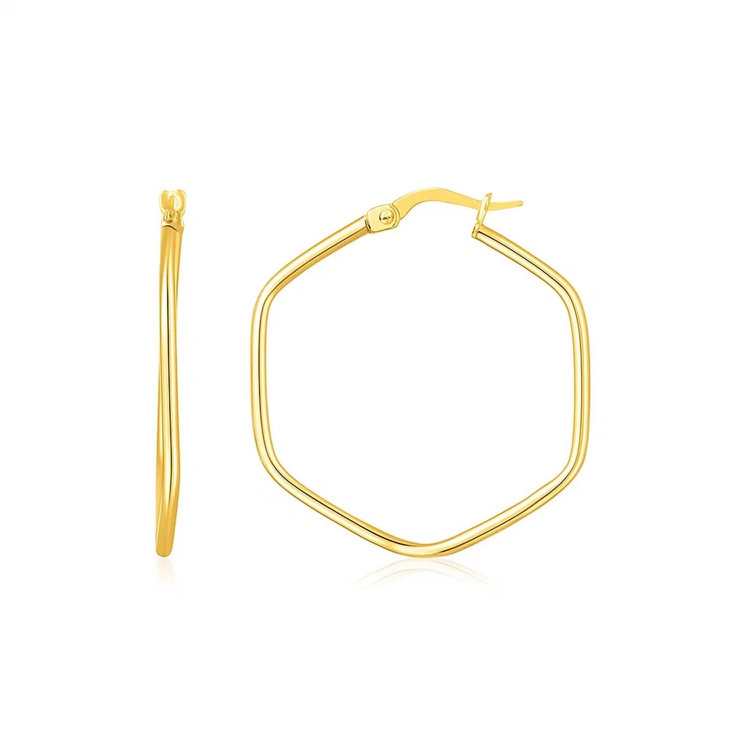 14K yellow gold hexagon hoop earrings with rounded edges and a hinged clasp.
