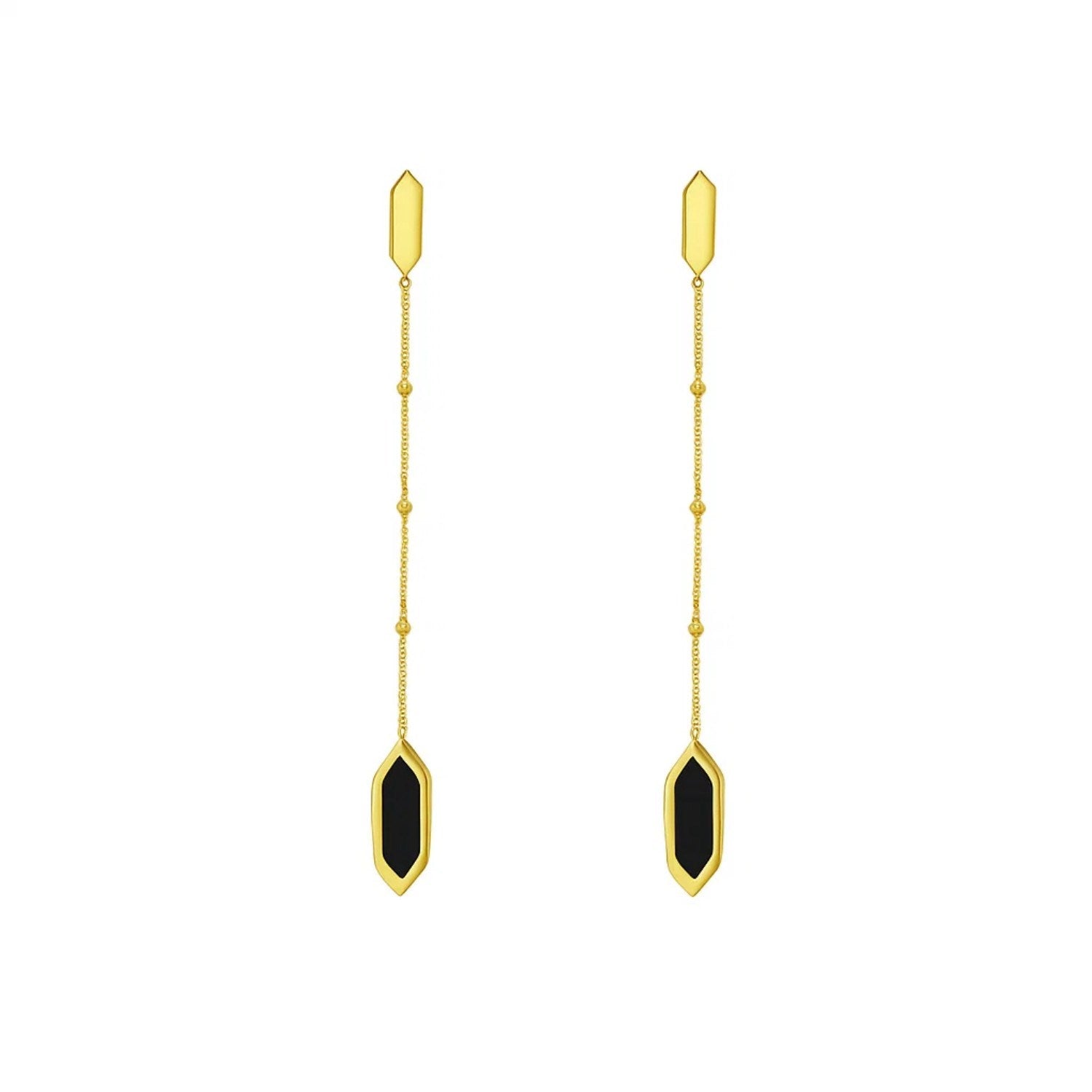 Two 14K yellow gold hexagon onyx drop earrings with Saturn chains.