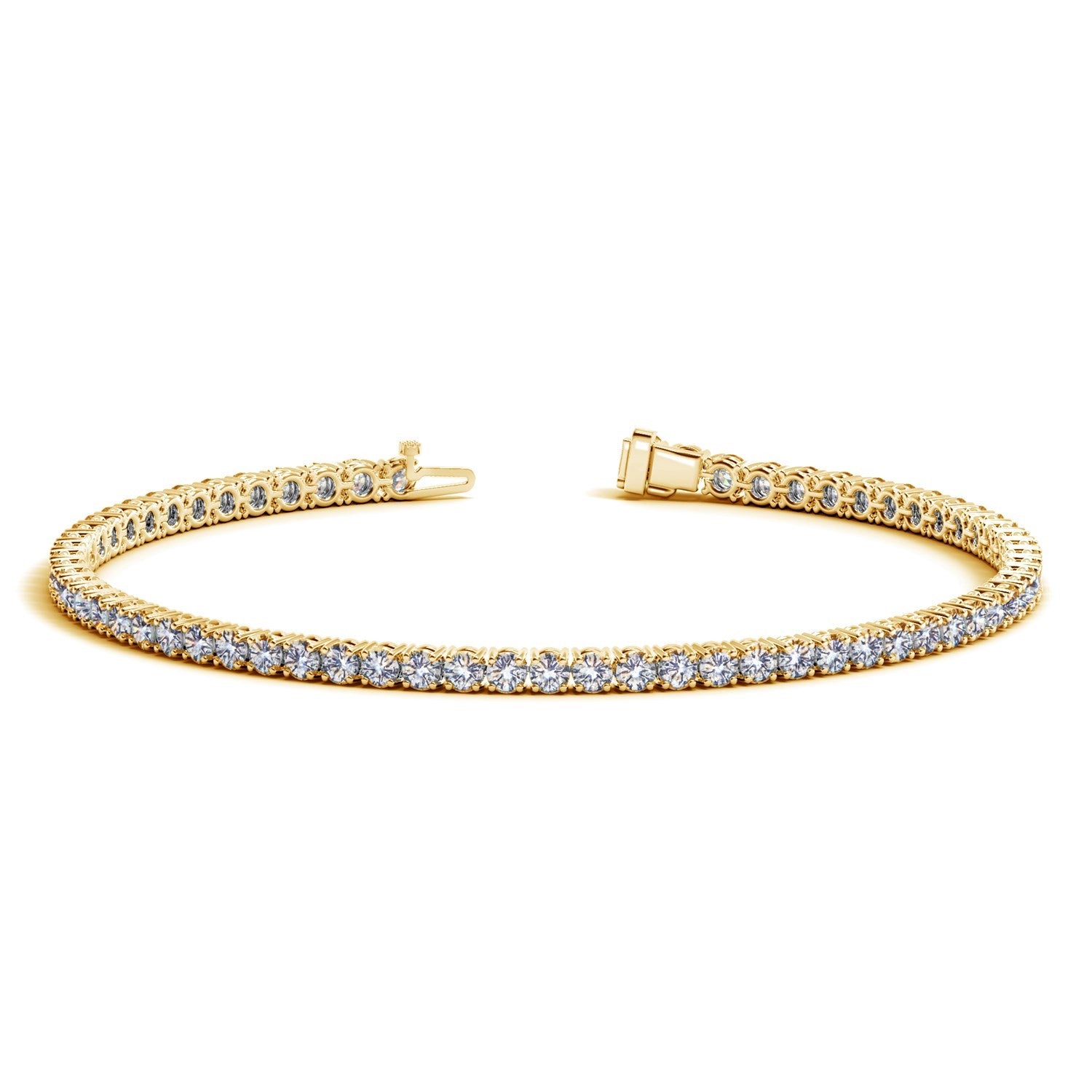 Lab grown round diamond tennis bracelet in 14k yellow gold with an open clasp.
