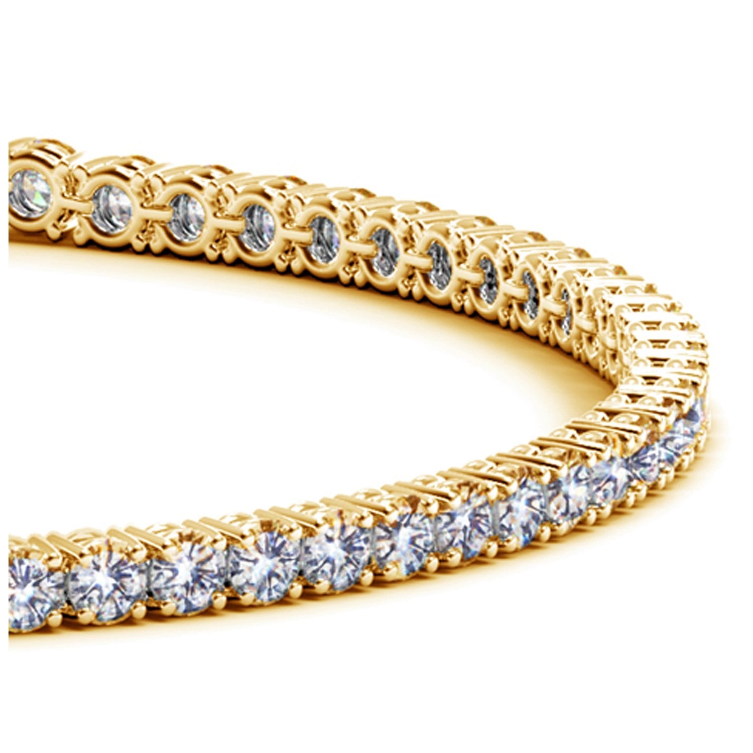 A yellow gold tennis bracelet with numerous round, brilliant-cut diamonds.