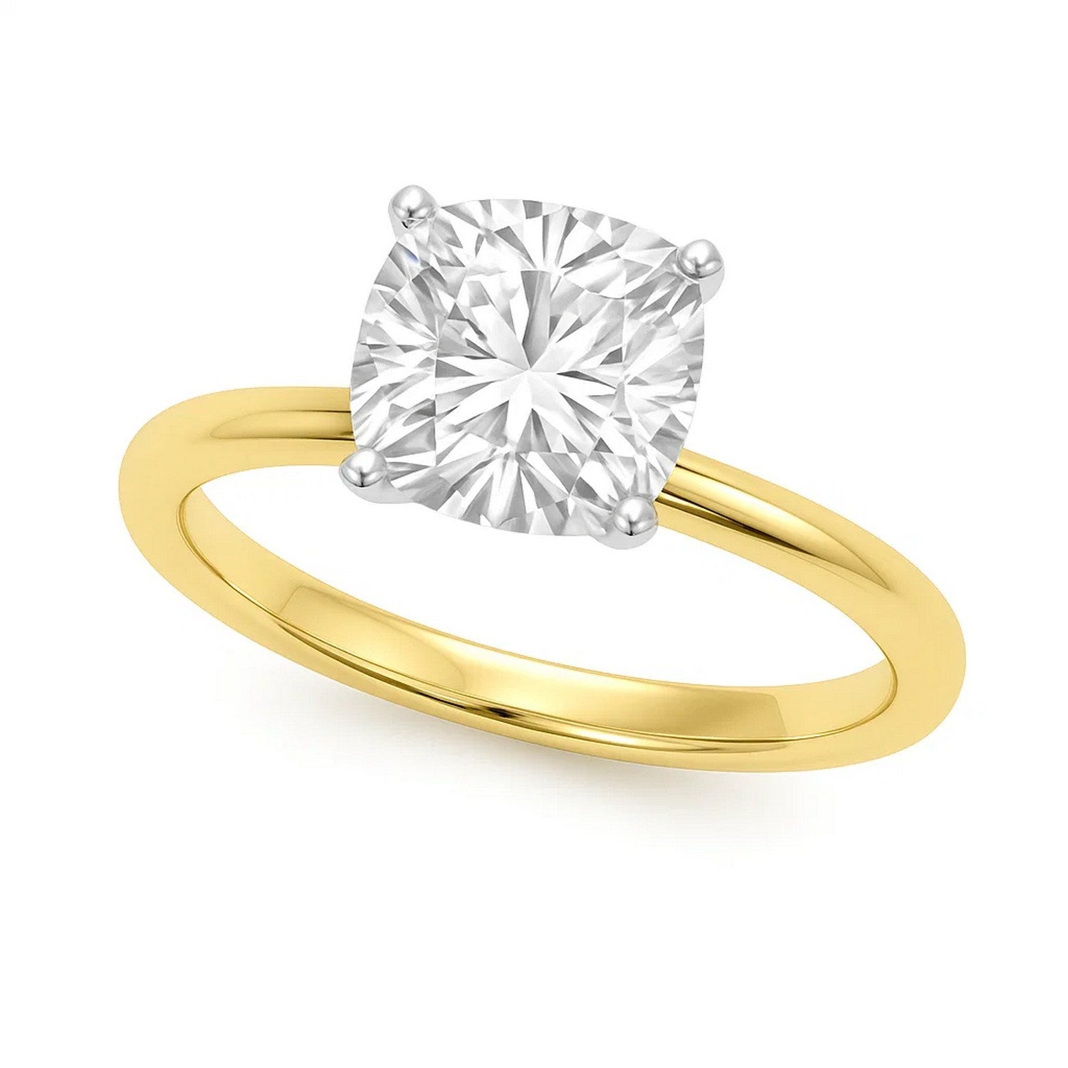 A cushion-cut lab-grown diamond solitaire ring in 14K yellow gold.