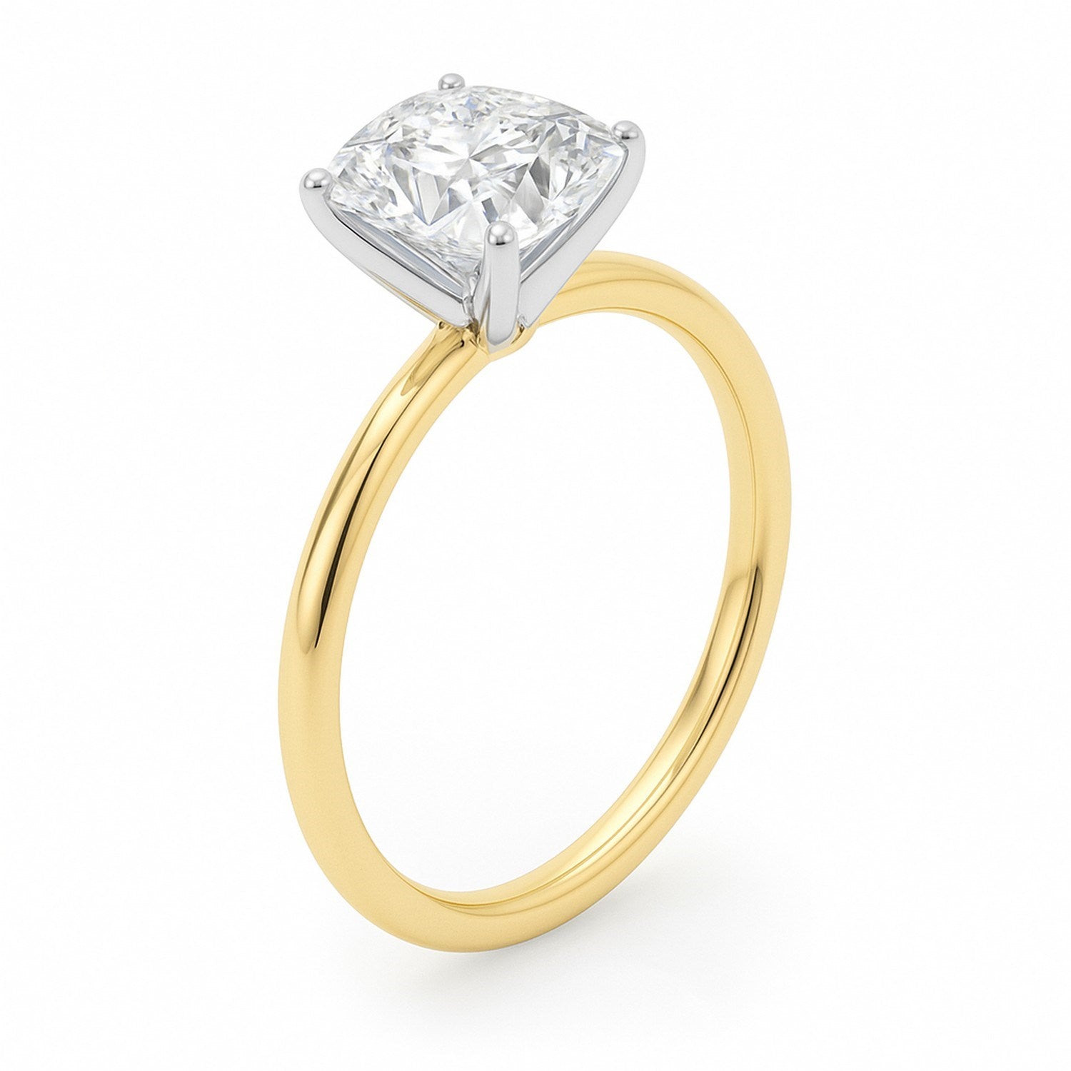 A 2 carat cushion lab grown diamond solitaire ring in 14K yellow gold.
