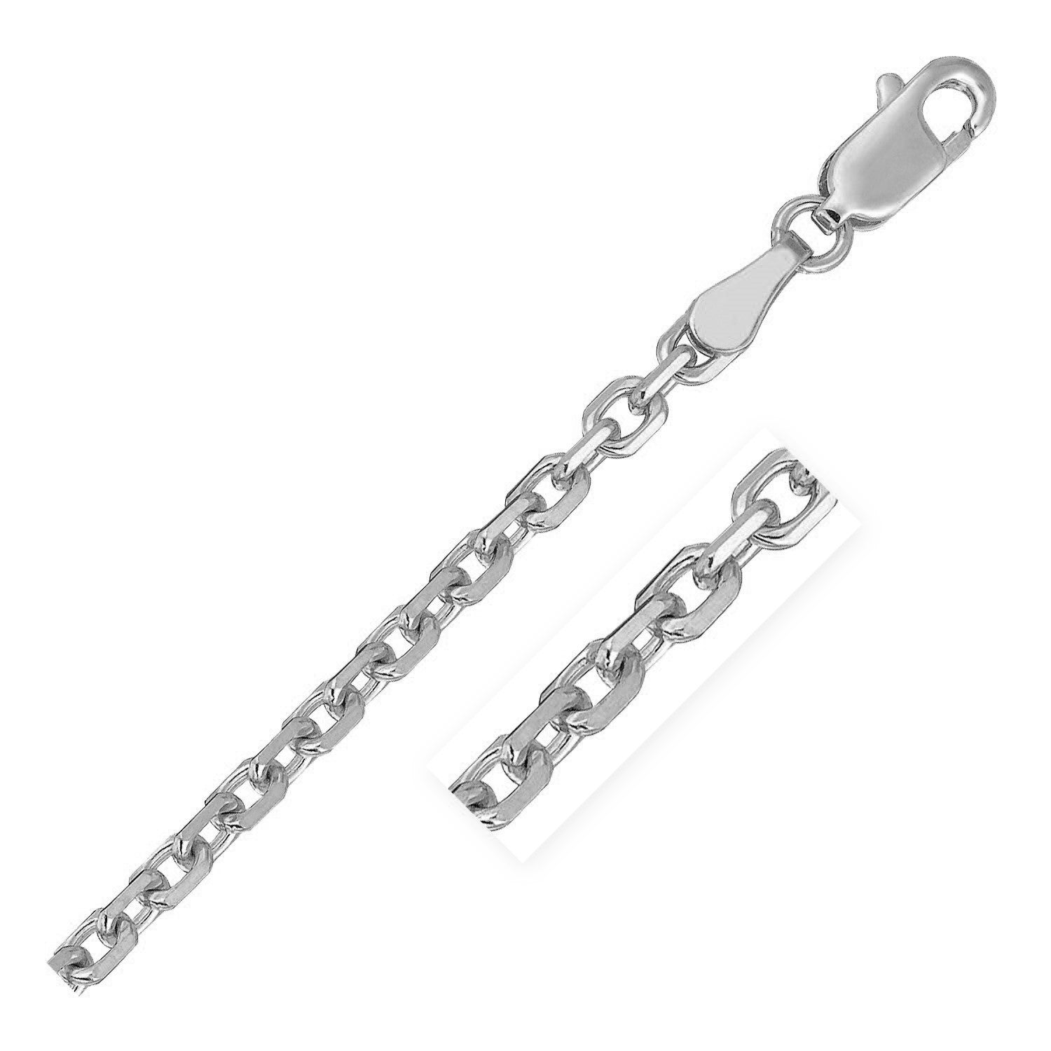 18k white gold diamond cut cable link chain with a lobster clasp.